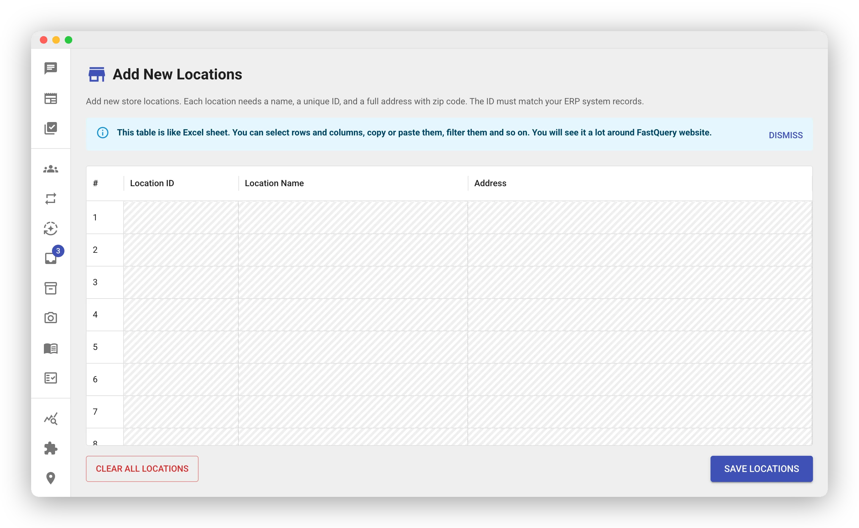 The Add New Locations sheet with empty numbered rows and columns for Location ID, Location Name, and Address. Helper text explains each location needs a name, a unique ID, and a full address, and that the ID must match the ERP system records. CLEAR ALL LOCATIONS and SAVE LOCATIONS buttons frame the bottom.