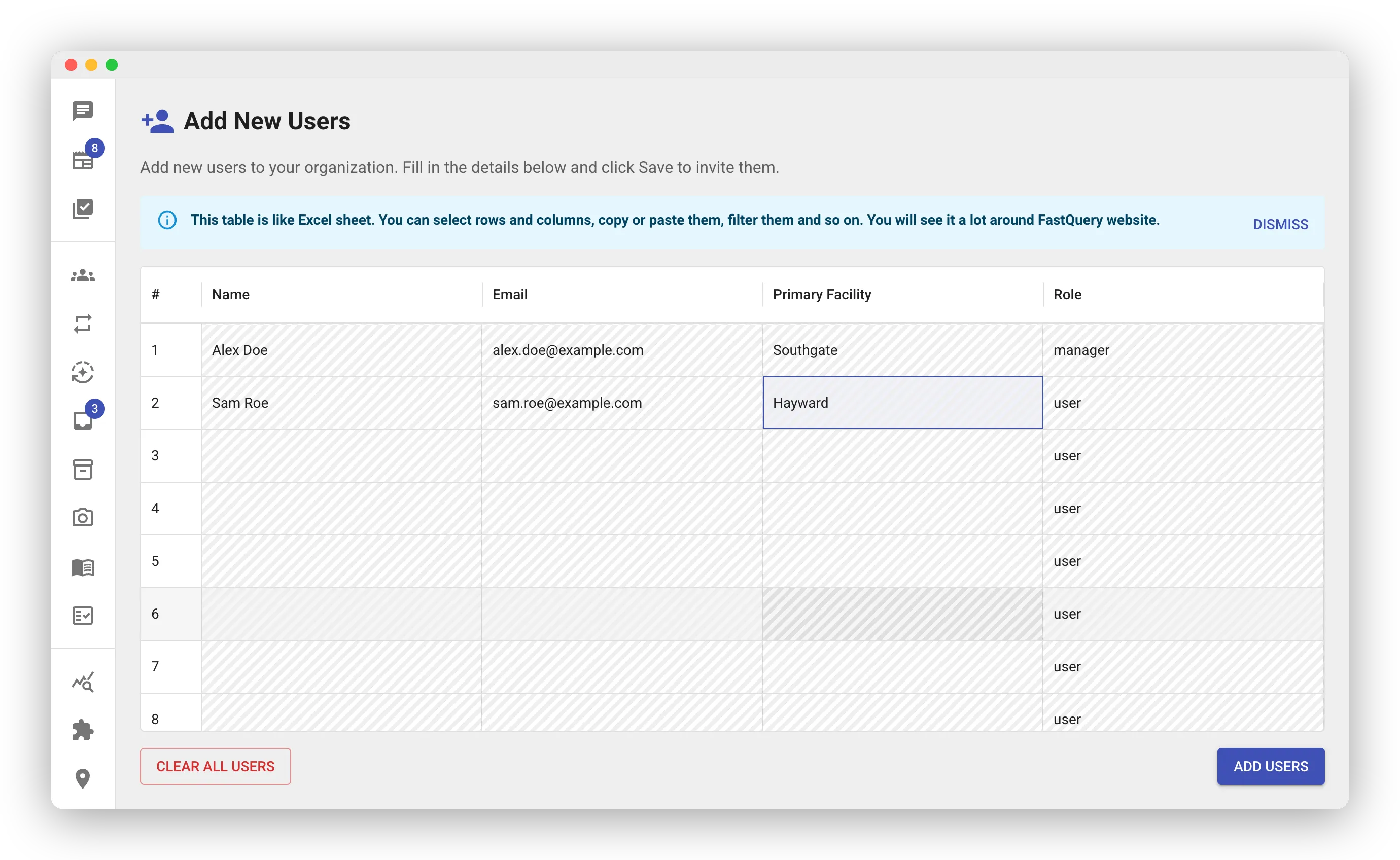 The Add New Users sheet with two example rows filled in. Columns show a row number, Name, Email, Primary Facility, and Role. A CLEAR ALL USERS button and an ADD USERS button sit below the grid.