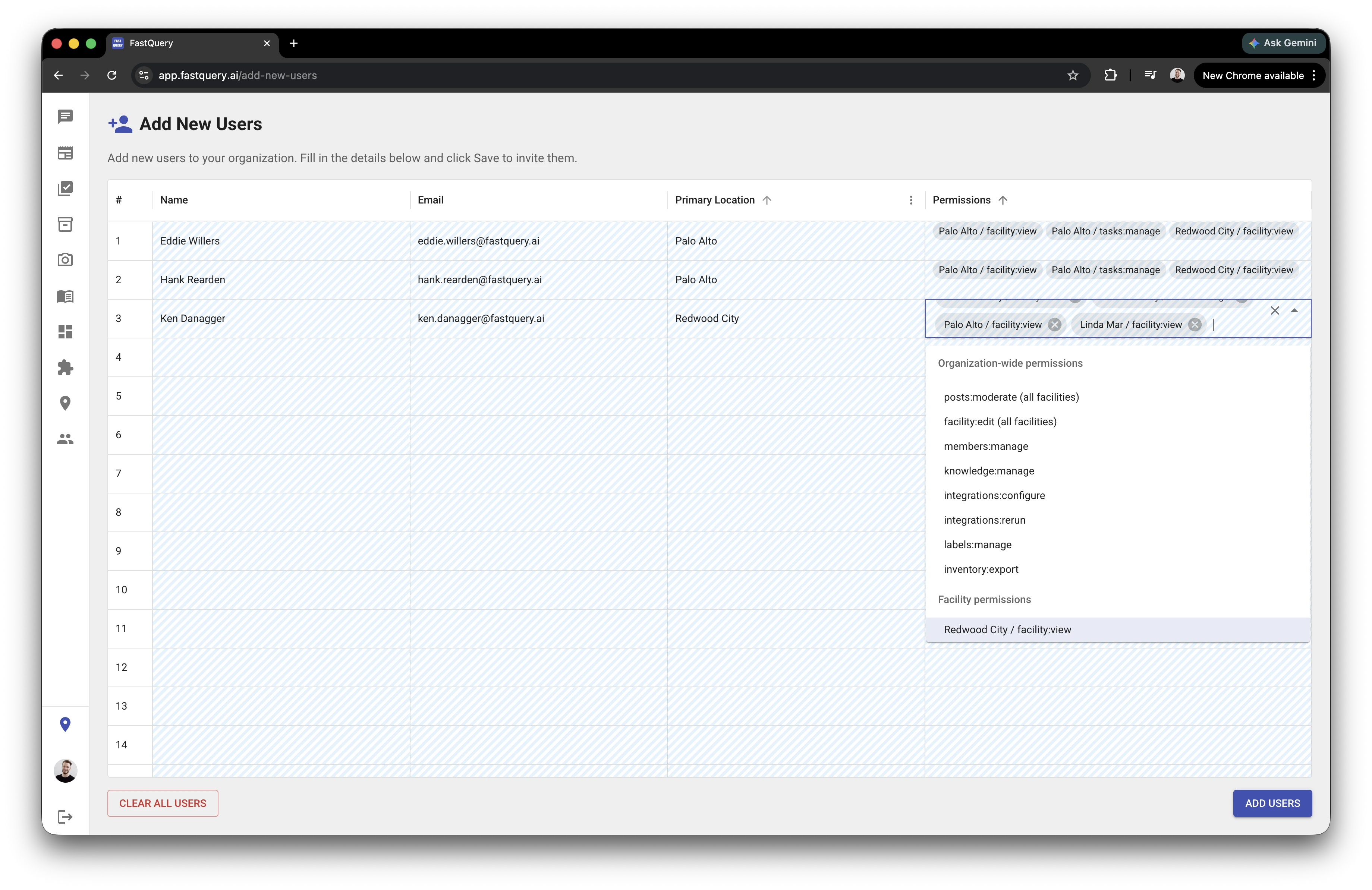 The web Add New Users grid with the Permissions editor open on one row. A dropdown is grouped into "Organization wide permission" (members manage, knowledge manage, integrations configure, integrations rerun, labels manage, inventory export, and "all facilities" options) and "Facility permissions," letting an admin fine-tune access beyond a preset. Other rows show permission chips such as "Palo Alto / facility view" and "Palo Alto / tasks manage."
