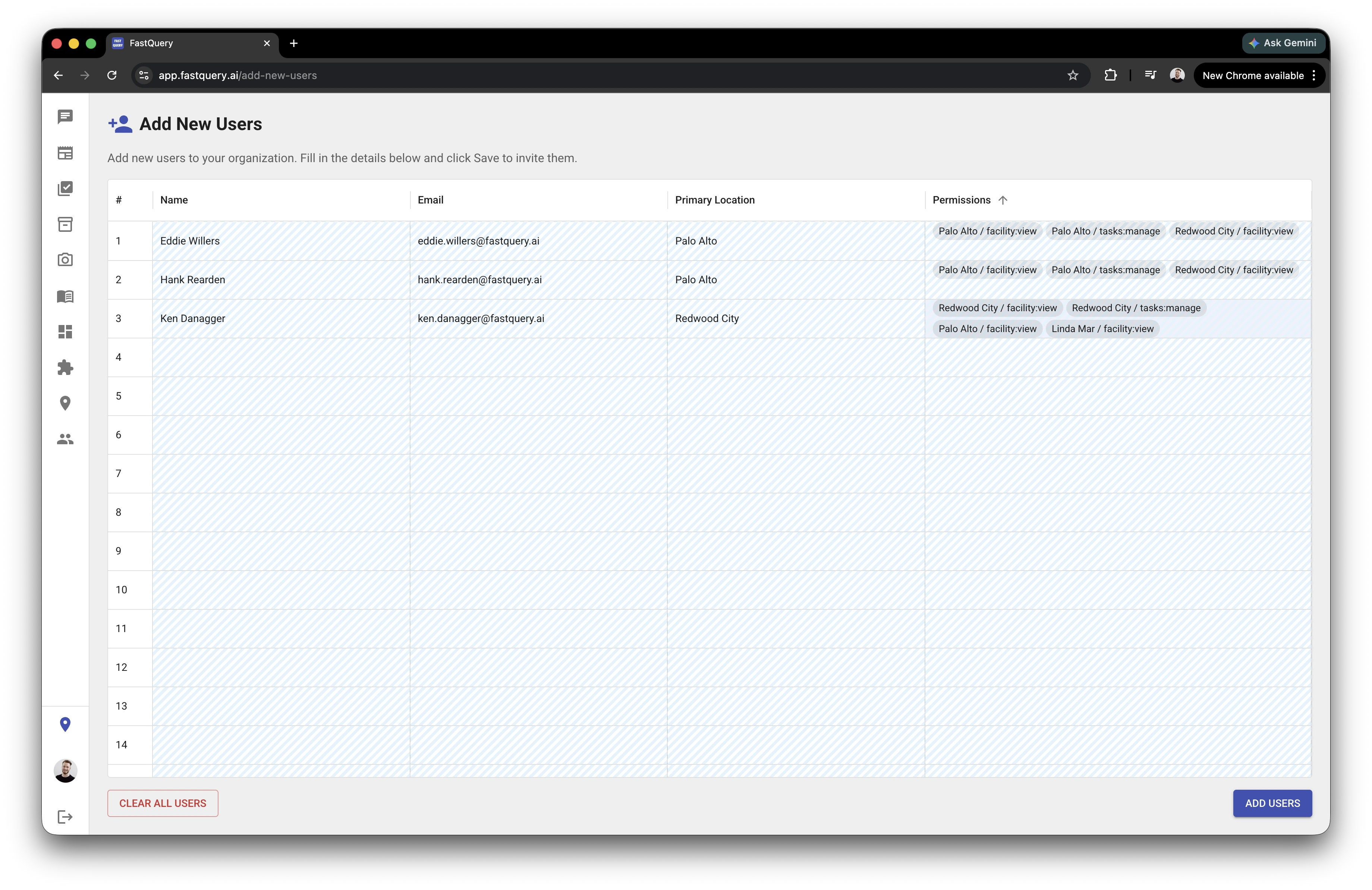 The web Add New Users grid with columns for Name, Email, Primary Location, and Permissions. Each row's Permissions cell lists capability chips per facility — for example "Palo Alto / facility view," "Palo Alto / tasks manage," and "Redwood City / facility view" — a configured set that can be copied and pasted onto other rows. "Clear All Users" and "Add Users" buttons sit below the grid.