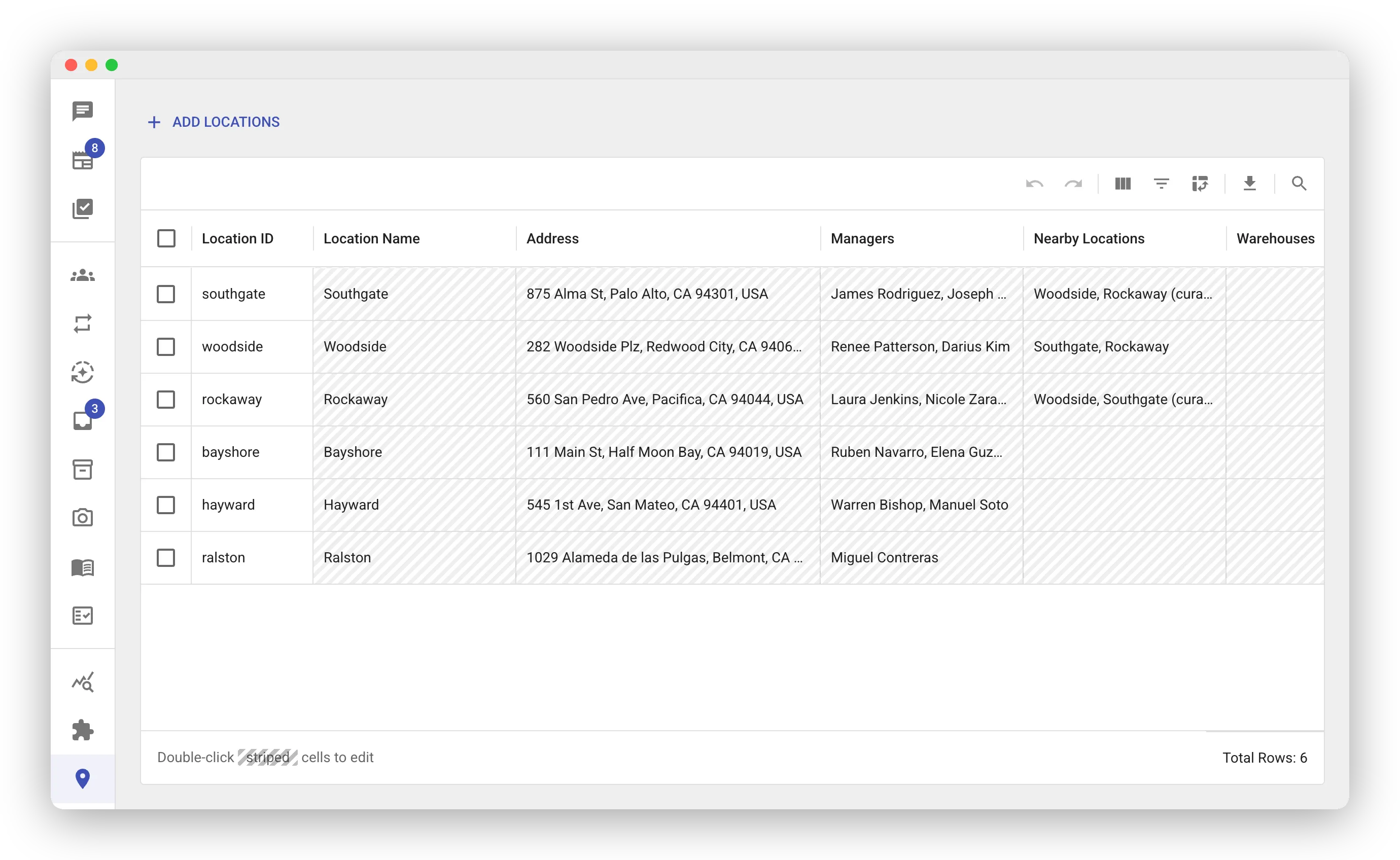 The Locations page listing six stores. Columns show Location ID, Location Name, Address, Managers, Nearby Locations, and Warehouses. Striped cells mark what can be edited by double-clicking. Some Nearby Locations values carry a “(curated)” suffix. An ADD LOCATIONS button sits above the grid.