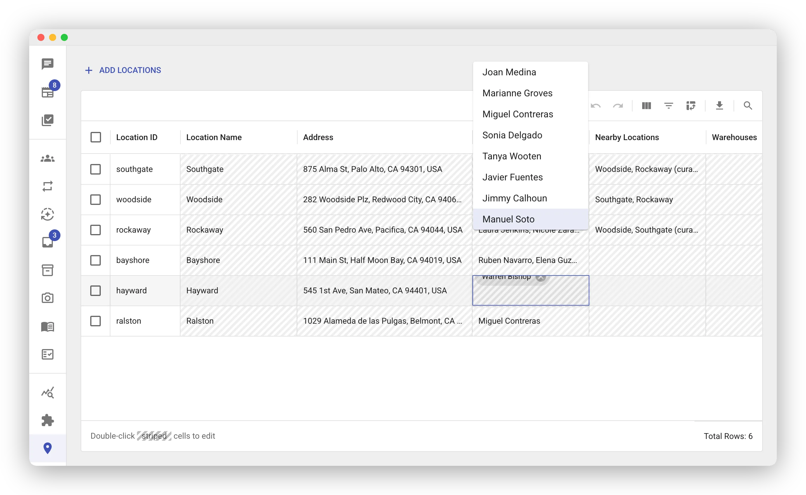 The Locations grid with one store’s Managers cell open for editing. The current manager shows as a chip in the cell, and a dropdown lists the organization’s members to pick from.