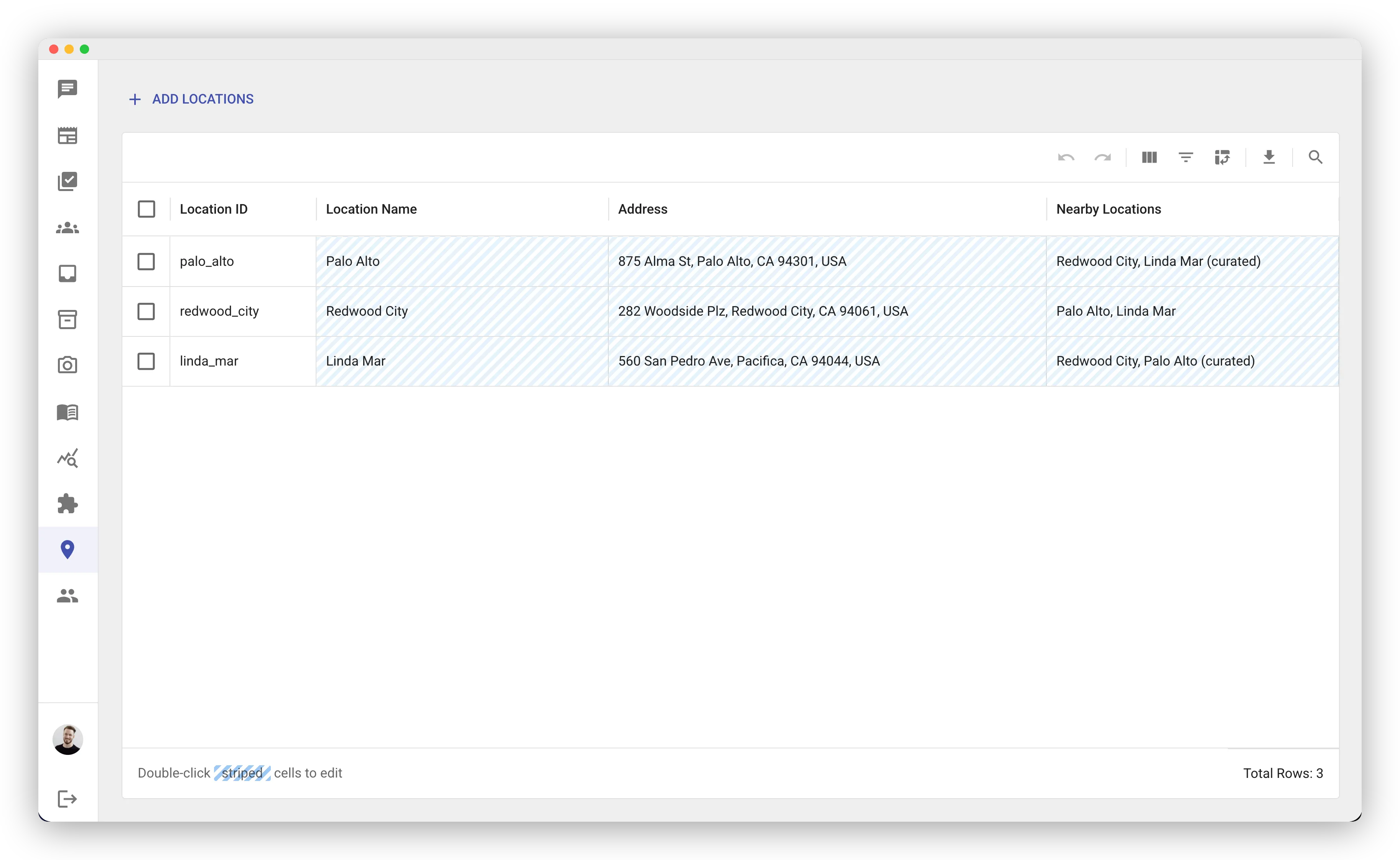 Locations page with an editable grid of three stores. Columns show Location ID, Location Name, Address, and Nearby Locations; blue-striped cells mark what can be edited by double-clicking. The Nearby Locations column lists sister stores for each row, with "(curated)" after hand-picked lists. An Add Locations button sits above the grid.