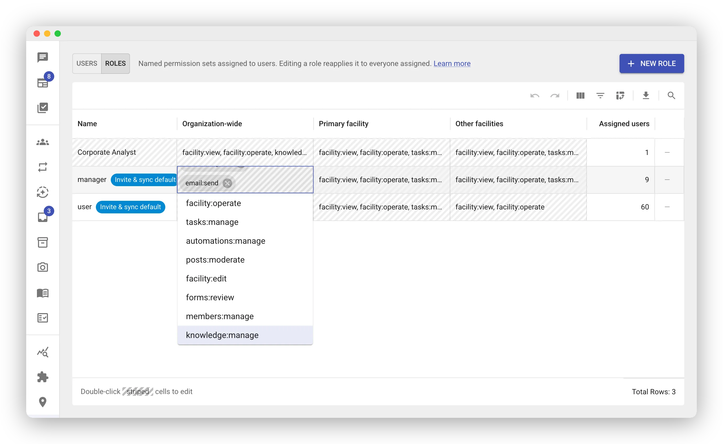 The Roles grid with the manager role’s Organization-wide cell open for editing. A dropdown lists permissions such as facility, tasks, and knowledge, with granted ones highlighted.