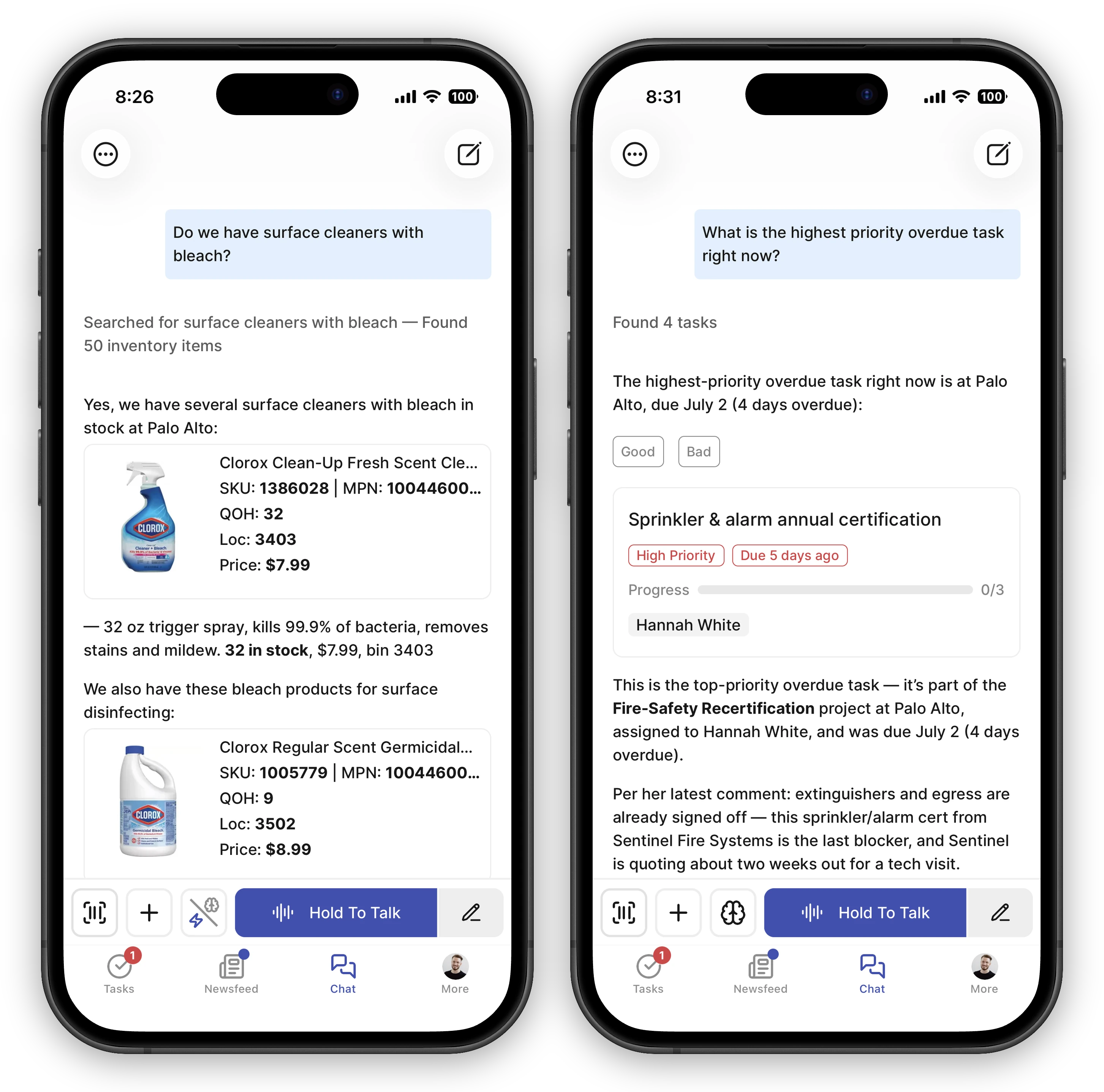 Two phone screens side by side. Left: asking "Do we have surface cleaners with bleach?" returns a reply with embedded product cards showing photo, SKU, quantity on hand, bin location, and price. Right: asking "What is the highest priority overdue task right now?" returns a reply with an embedded task card showing title, High Priority and overdue chips, progress bar, and assignee.