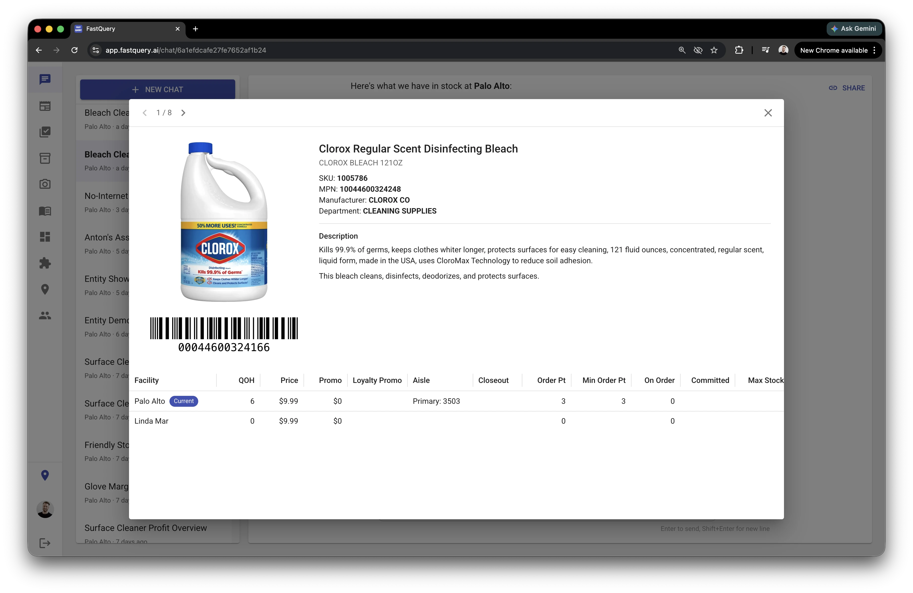 A FastQuery web chat with a reference overlay open over the answer, showing the full detail for "Clorox Regular Scent Disinfecting Bleach" — SKU, manufacturer, a barcode, and a per-facility availability table. The overlay's header has a "1 / 9" pager with left and right arrows and a close button, so the reader can step through every item the answer referenced.