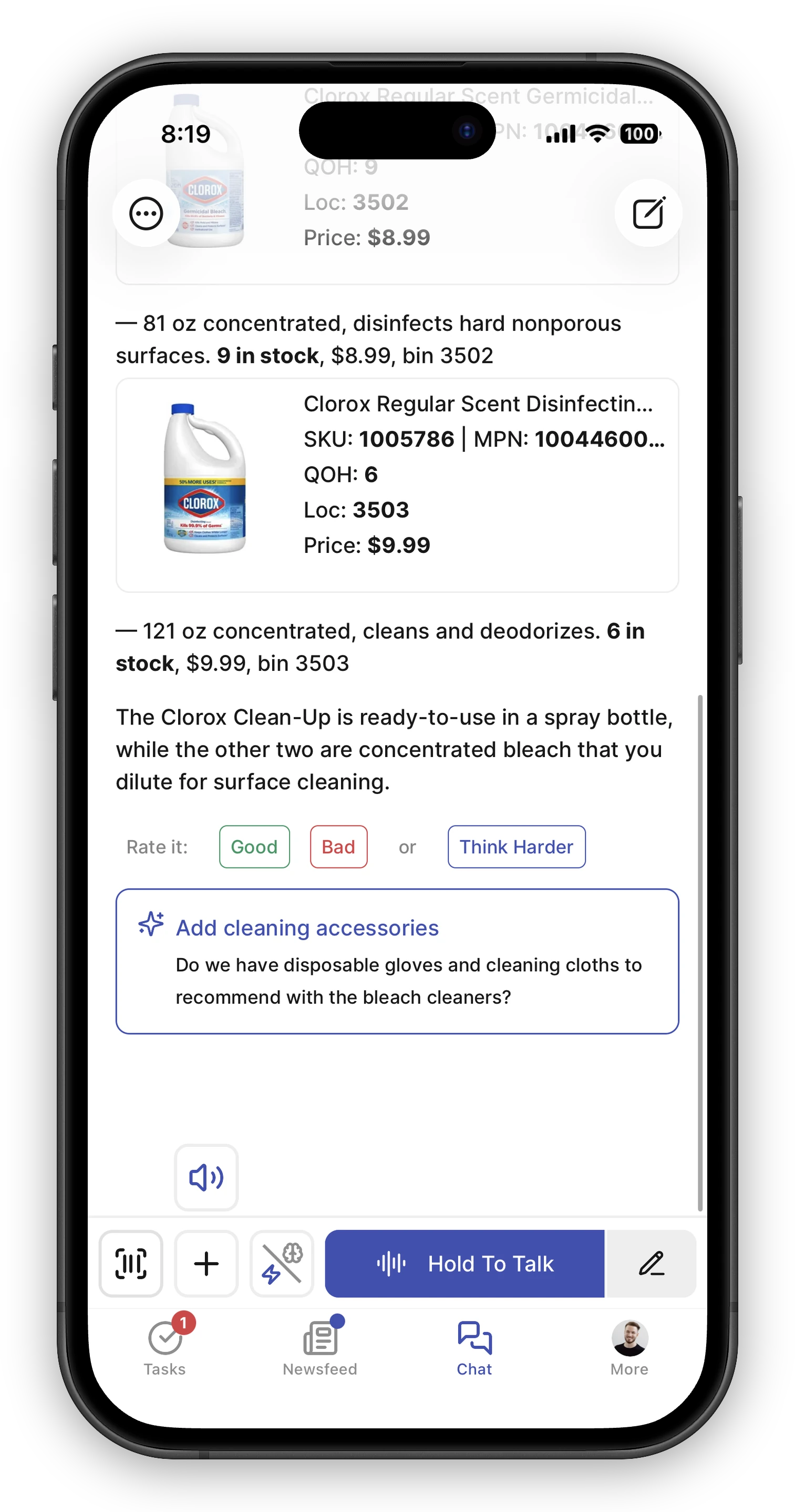 An AI chat reply comparing Clorox bleach products with inline product cards, and below it a suggested next step card — outlined in the accent color with a sparkle icon, titled "Add cleaning accessories" with the follow-up question it would send: "Do we have disposable gloves and cleaning cloths to recommend with the bleach cleaners?"
