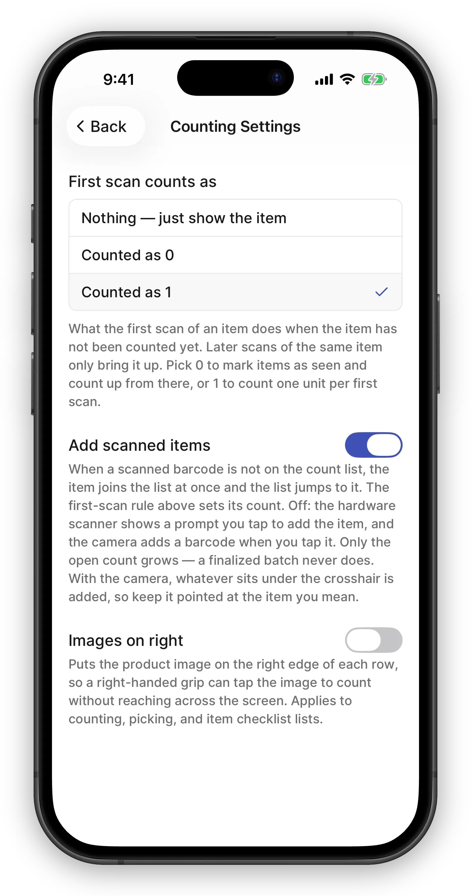 Counting Settings screen on a phone. A “First scan counts as” list with Nothing, Counted as 0, and Counted as 1, the last one checked, and two switches below it: Add scanned items turned on and Images on right turned off, each with a paragraph explaining what it does.