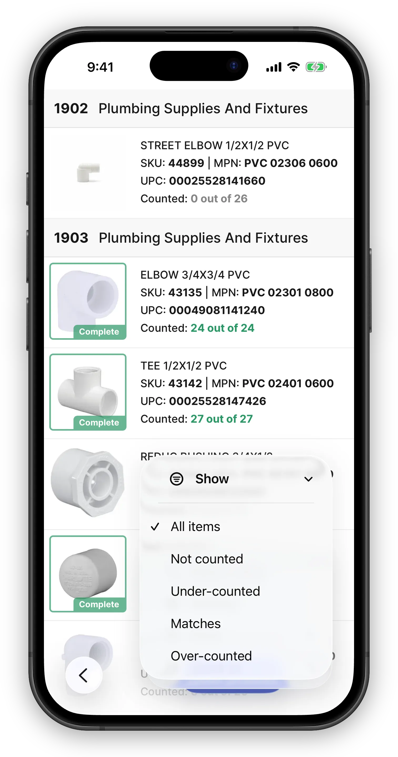 Count list on a phone with the toolbar menu open on its Show submenu: All items, Not counted, Under-counted, Matches, and Over-counted, with Not counted checked.