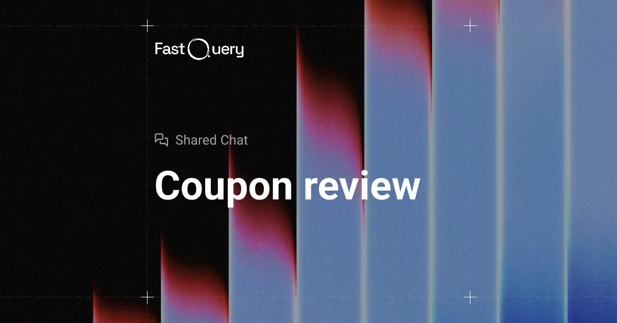 A dark card titled Coupon review with the FastQuery logo and a Shared Chat label over rising blue and red bars.