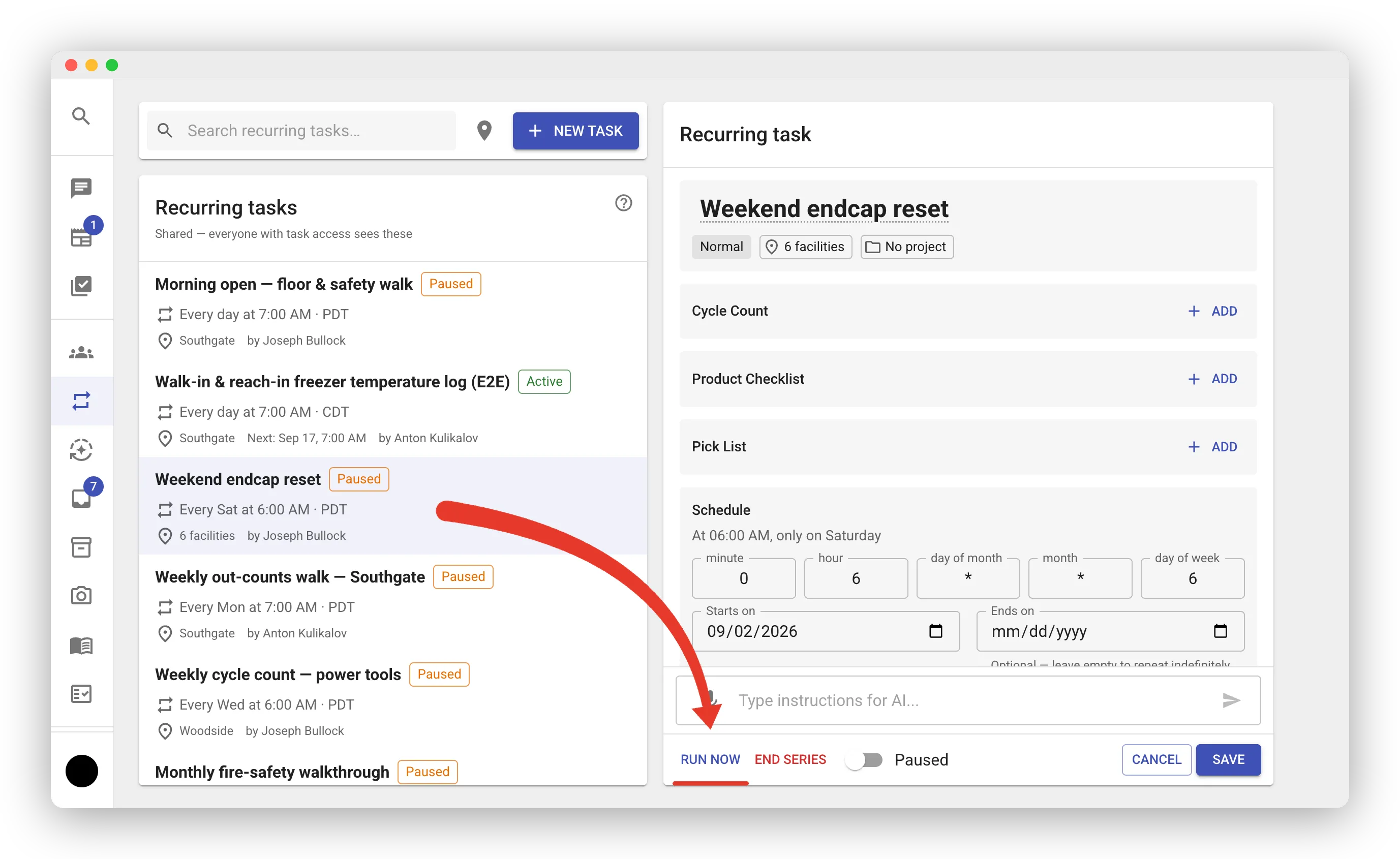 The Recurring Tasks screen with “Weekend endcap reset” selected in the editor. A red arrow points to the Run now button in the editor footer, next to End series and the Paused switch.