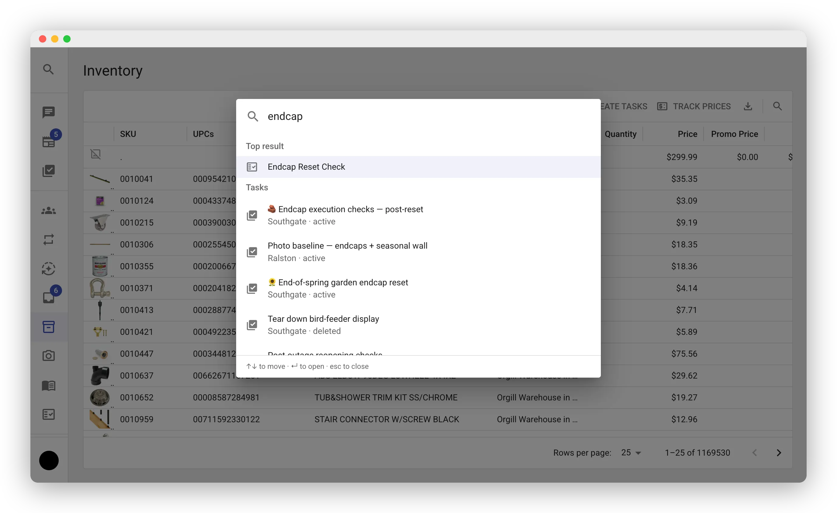 The web app’s Inventory page dimmed behind a search palette. The search box reads “endcap”. Under a Top result heading sits a form named Endcap Reset Check, and under Tasks four tasks about endcaps, each with its store and status, such as “Endcap execution checks — post-reset, Southgate · active”. A footer line reads “↑↓ to move · ↵ to open · esc to close”.