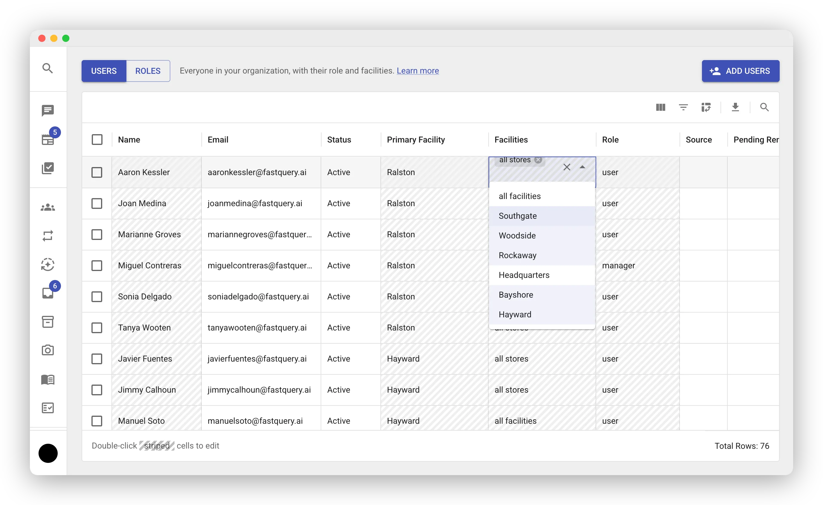Manage Users grid on the web with the Facilities cell of one user open for editing. The dropdown lists Headquarters together with the store names, and the collapsed cells of other rows read “all facilities”.