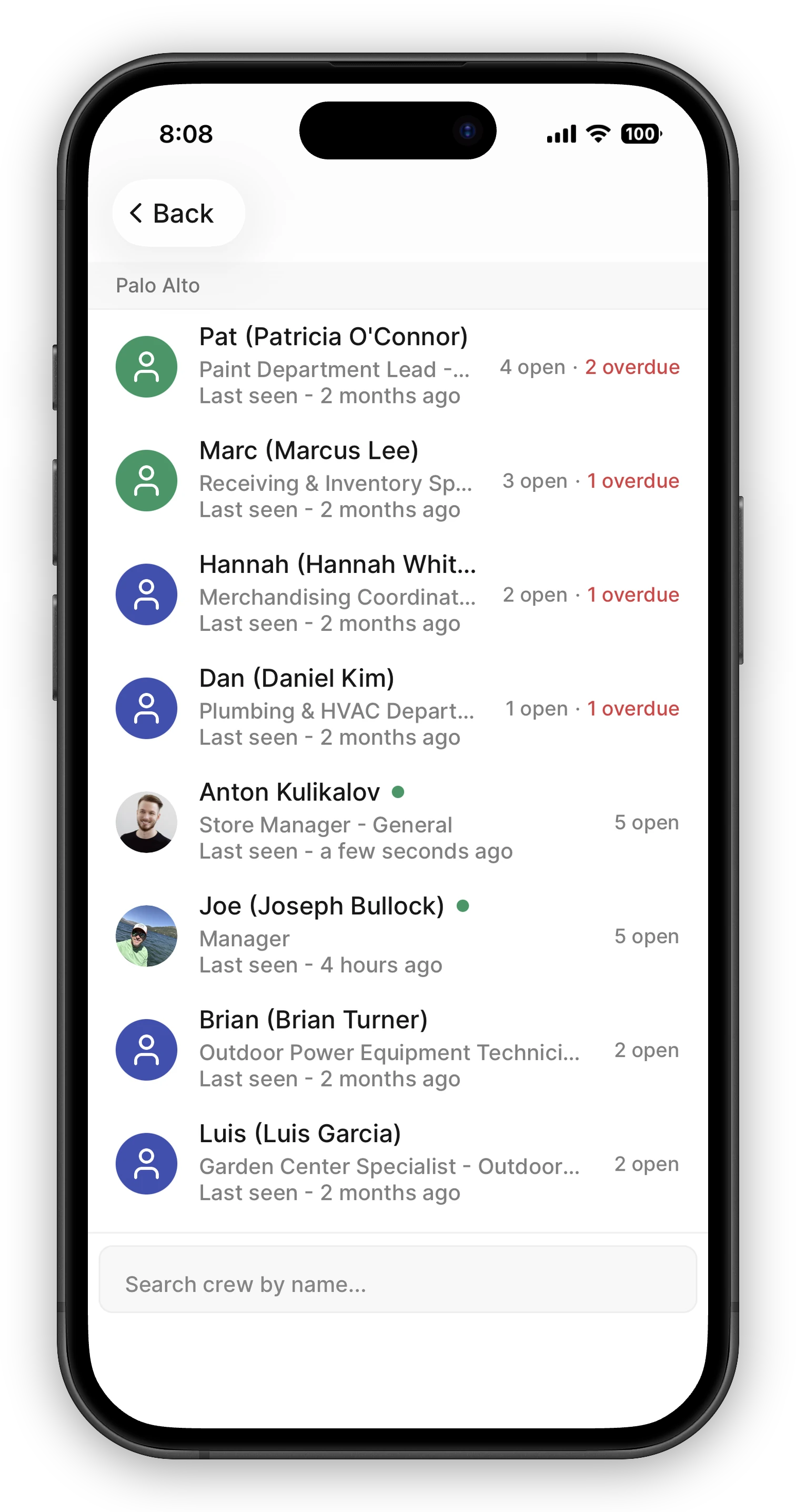 The Crew list on mobile under a "Palo Alto" location section. Each person's row shows their avatar, role, last-seen time, and a workload line like "4 open · 2 overdue" with the overdue count in red. People with overdue tasks are sorted to the top, and a "Search crew by name" box sits at the bottom.