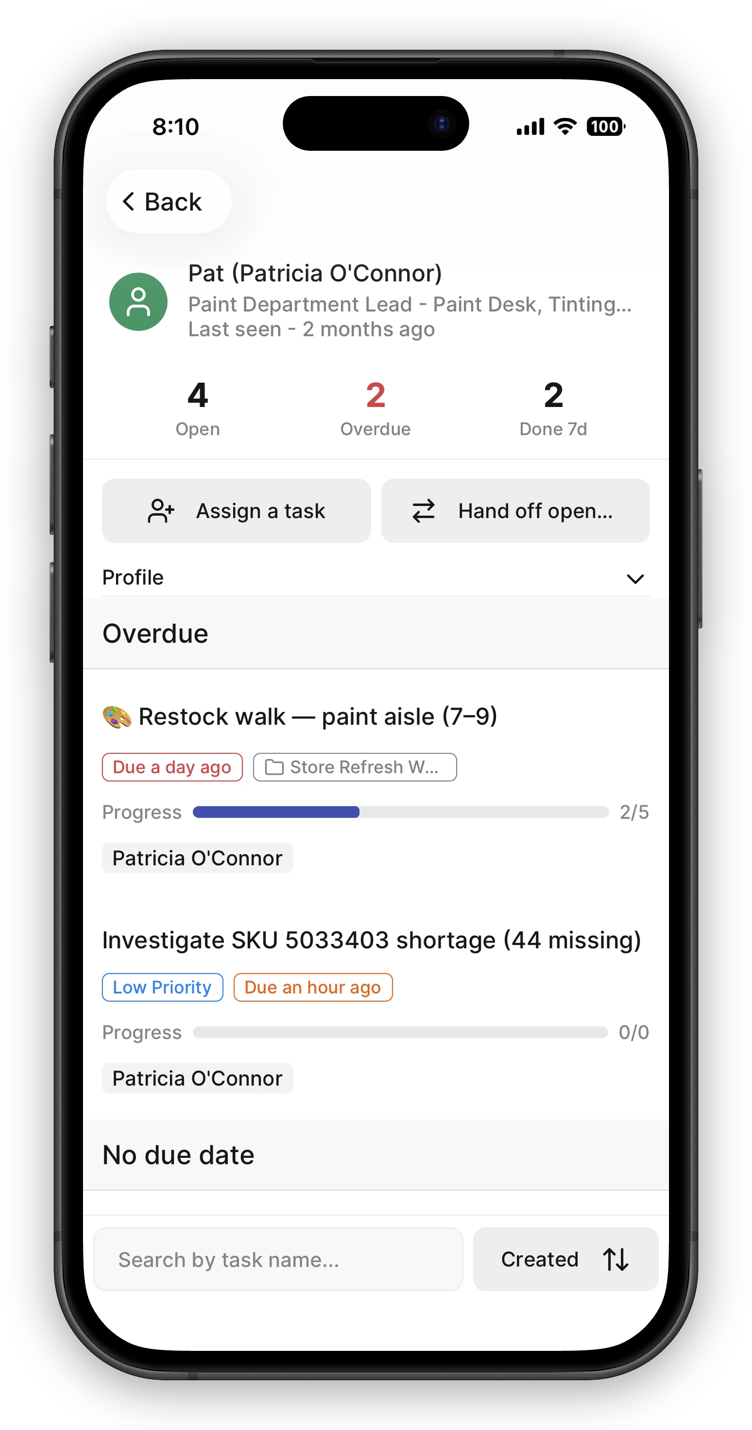 A crew member's page on mobile. The header shows the person's name and role with a stats strip — 4 Open, 2 Overdue in red, 2 Done 7d — above "Assign a task" and "Hand off open tasks" buttons and a collapsed Profile section. Below, their tasks are grouped under an Overdue section header, with a No due date section following and search and sort controls at the bottom.