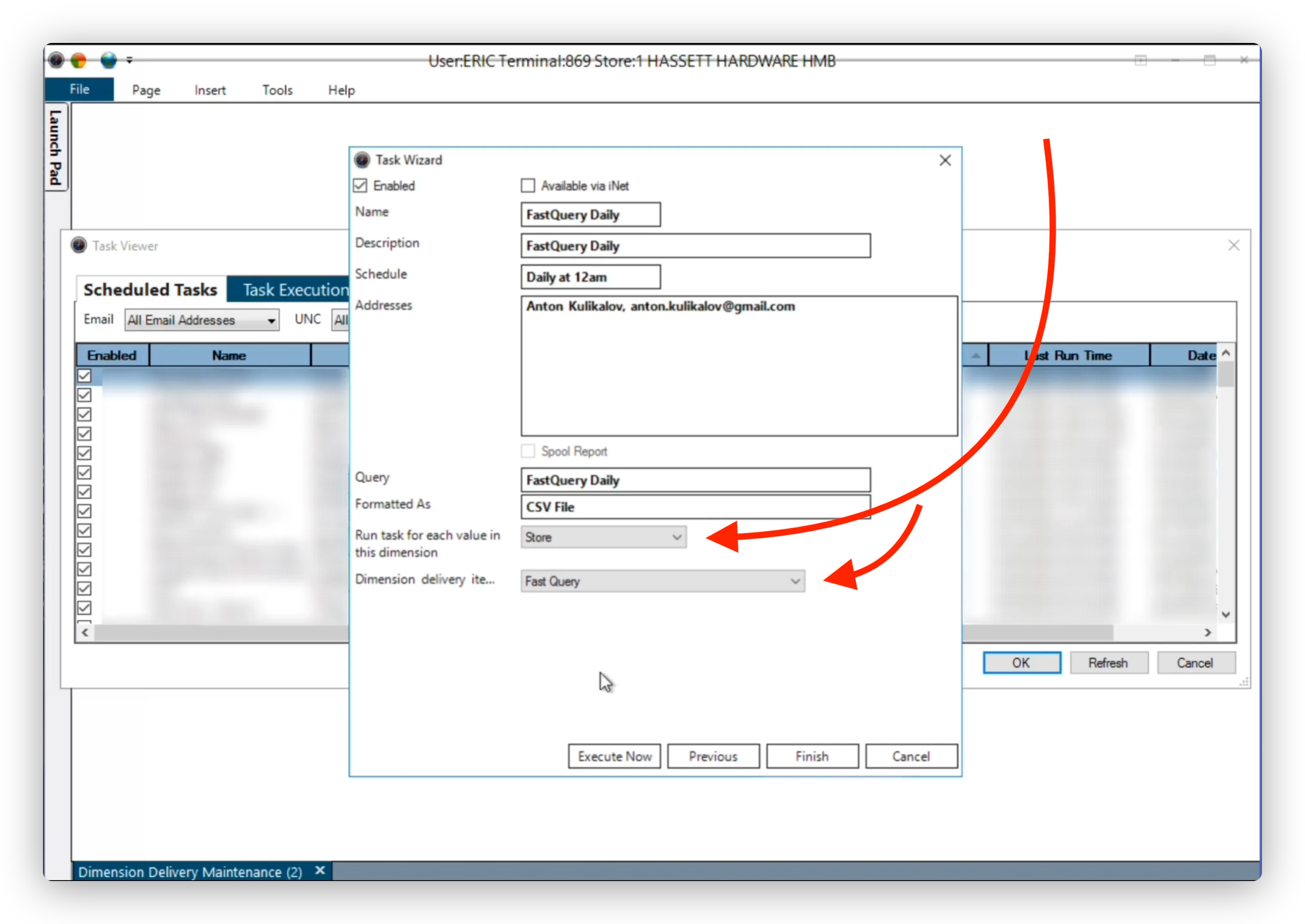 The Compass Task Wizard editing a scheduled export task, over the Task Viewer’s Scheduled Tasks list. Red arrows point to the “Run task for each value in this dimension” dropdown set to Store and to the “Dimension delivery item” dropdown set to the Fast Query delivery item.