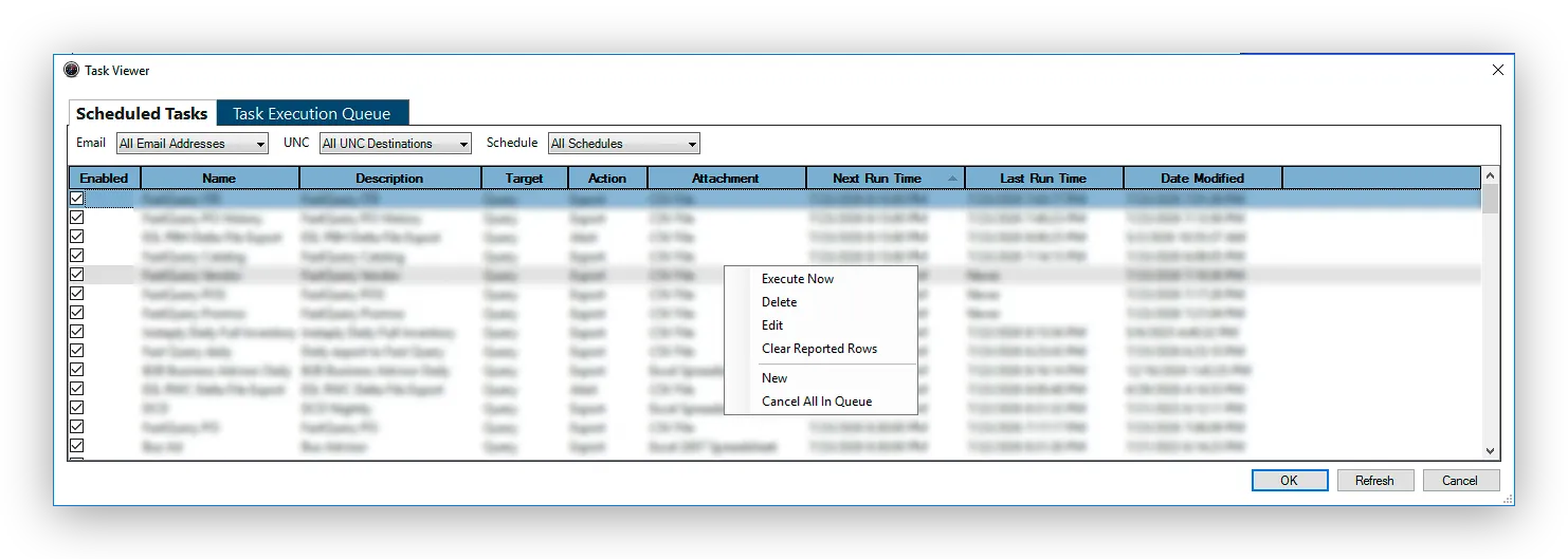 The Task Viewer window listing scheduled tasks, with the right-click menu open showing Execute Now, Delete, Edit, and New.