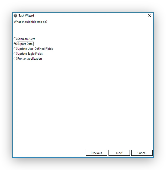 The Task Wizard asking what the task should do, with Export Data selected.