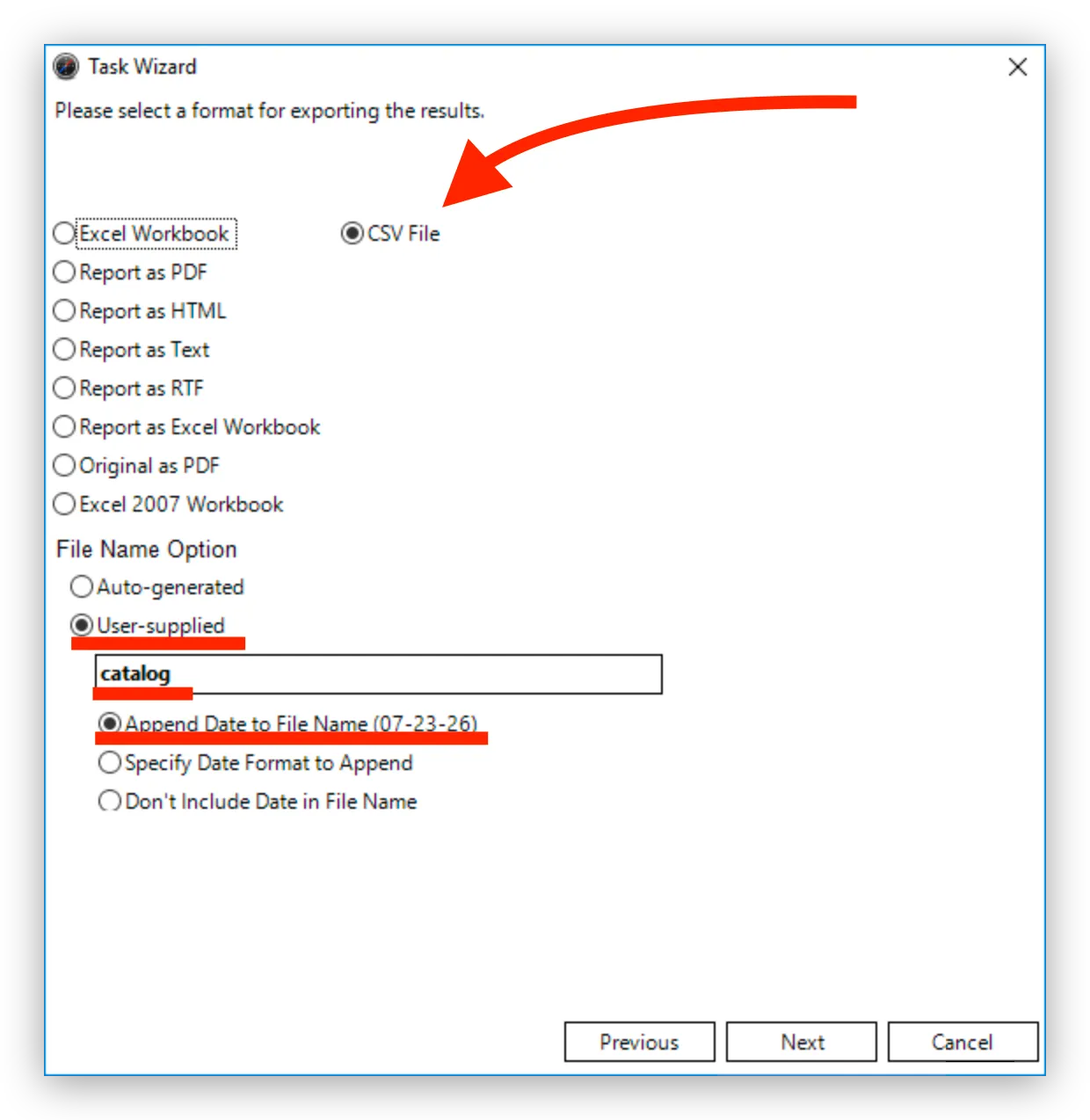 The Task Wizard export format screen with CSV File selected, the File Name Option set to User-supplied with “catalog” typed in, and Append Date to File Name selected.