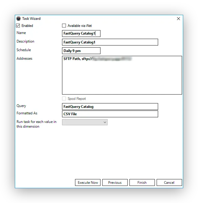The Task Wizard summary screen showing the task name, schedule, SFTP address, query, and CSV format, with Finish and Execute Now buttons.