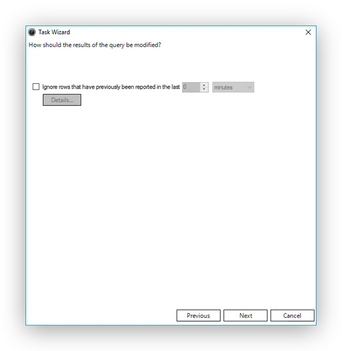 The Task Wizard asking how the results should be modified, with the ignore-rows checkbox left unchecked.