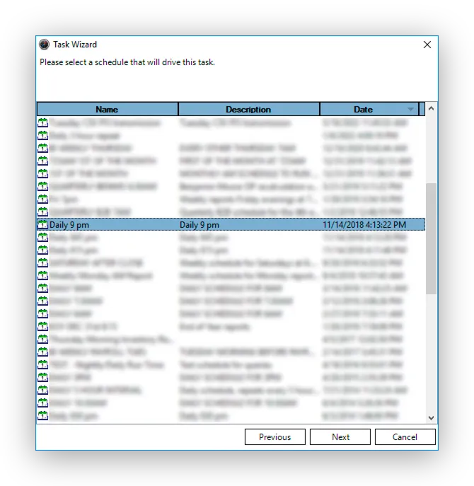 The Task Wizard schedule picker with a daily schedule highlighted in the list.