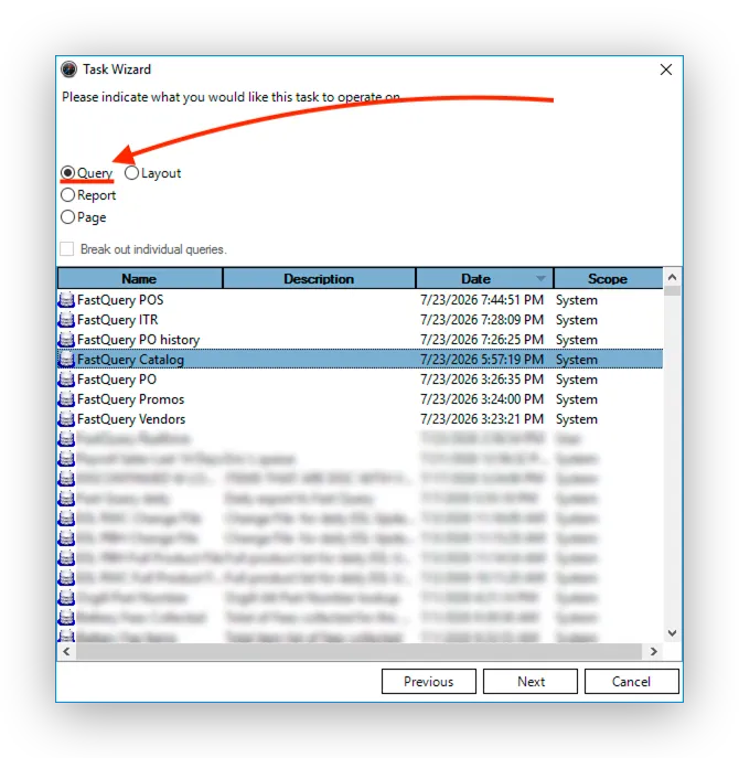 The Task Wizard asking what the task operates on, with the Query option selected and FastQuery Catalog highlighted in the query list.