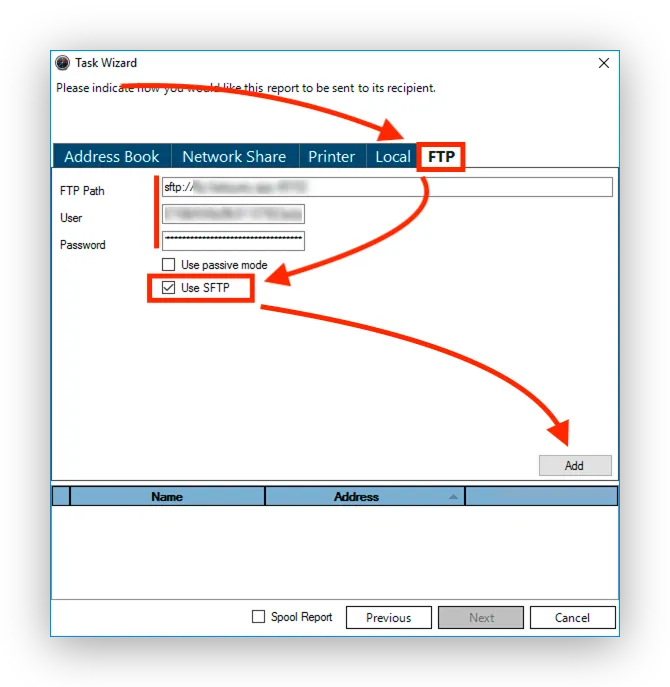 The Task Wizard delivery screen on the FTP tab, with the FTP path, user, and password fields filled in, the Use SFTP box checked, and an arrow pointing to the Add button.