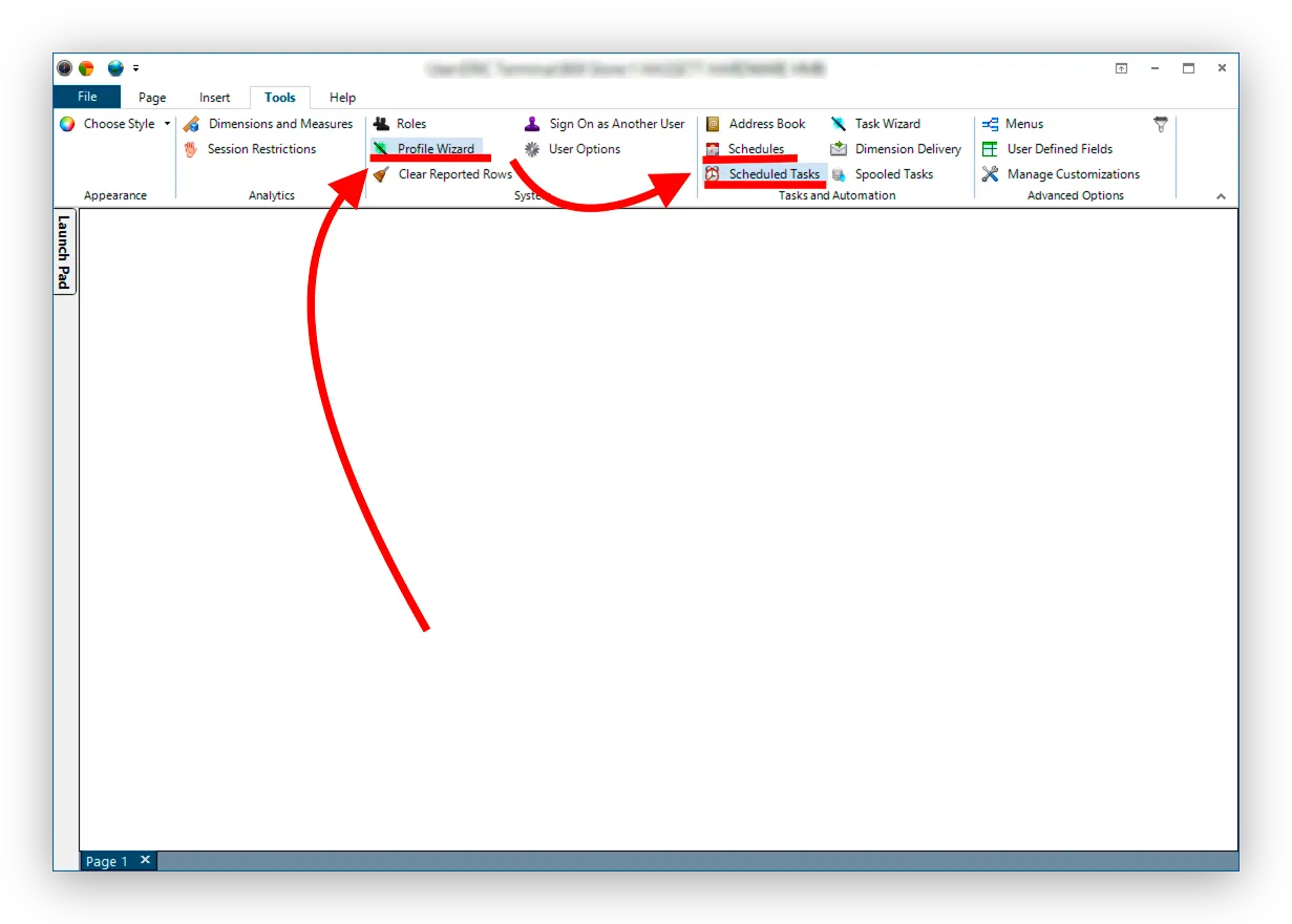 The Compass Tools ribbon with red arrows pointing to the Profile Wizard button and to the Schedules and Scheduled Tasks buttons in the Tasks and Automation group.