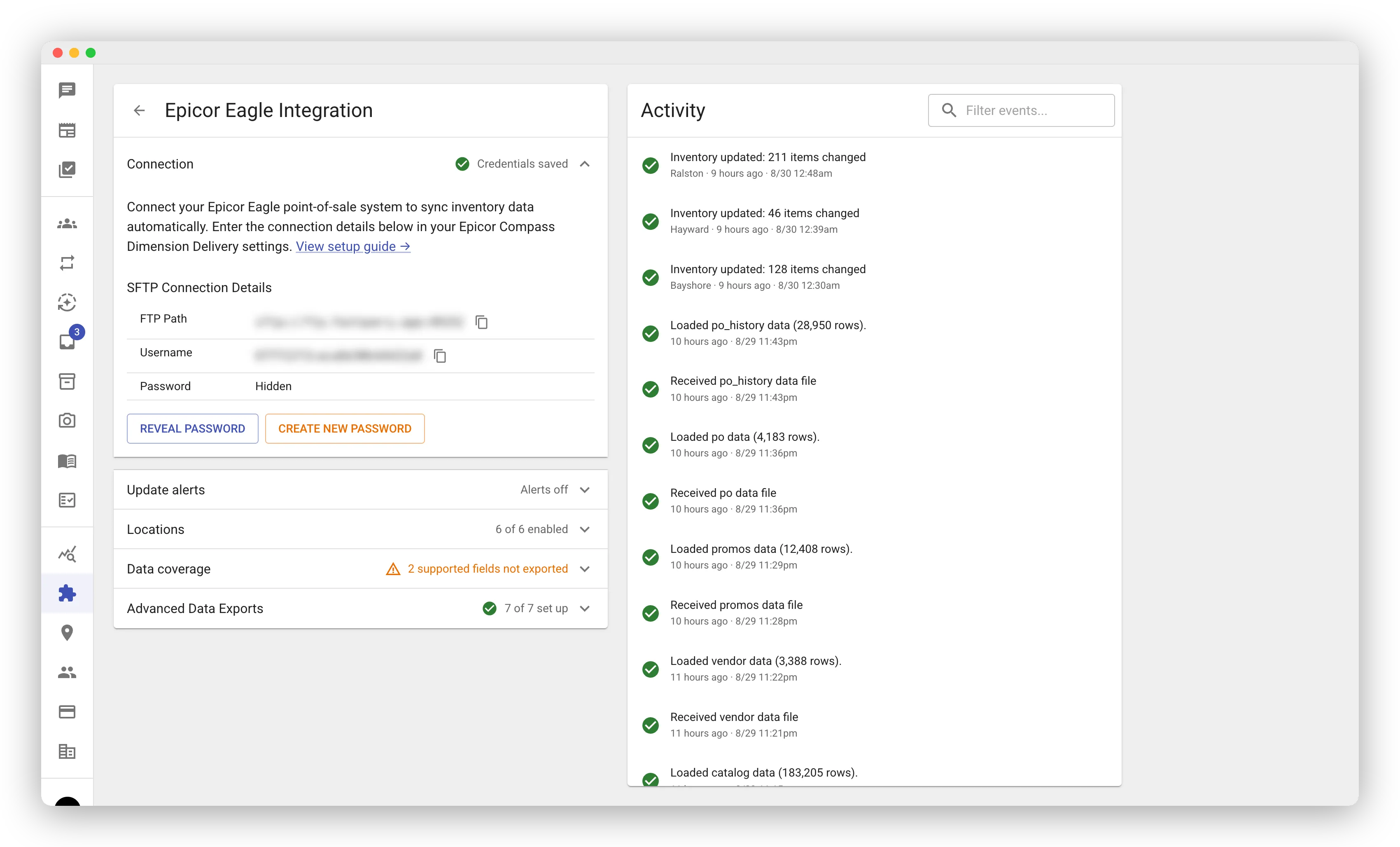 The FastQuery Epicor Eagle integration page. The left card shows the SFTP connection details — FTP path and username (blurred in this screenshot) and the password, hidden behind Reveal Password and Create New Password buttons — above collapsed sections for Update alerts, Locations, Data coverage, and Advanced Data Exports. The right panel is the Activity feed, a list of green check-marked events like “Received po data file”, “Loaded po data (4,183 rows)”, and per-store “Inventory updated” entries with timestamps.
