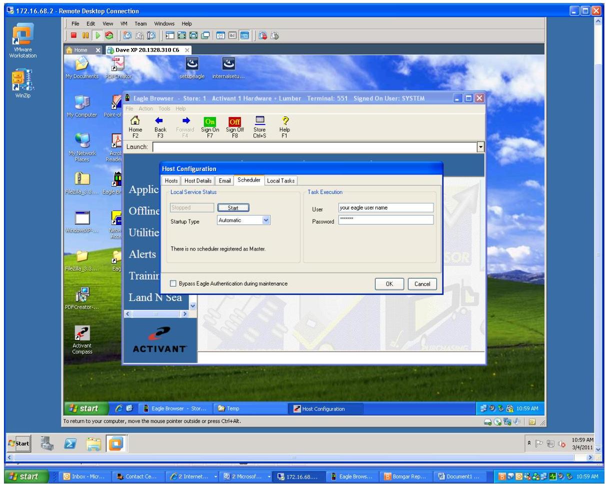 Scheduler tab in Eagle Browser showing User and Password fields
