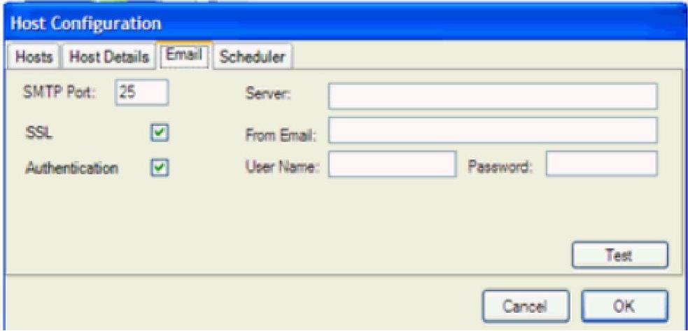 Email tab showing SMTP Port, Server, SSL, From Email, Authentication, User Name, and Password fields