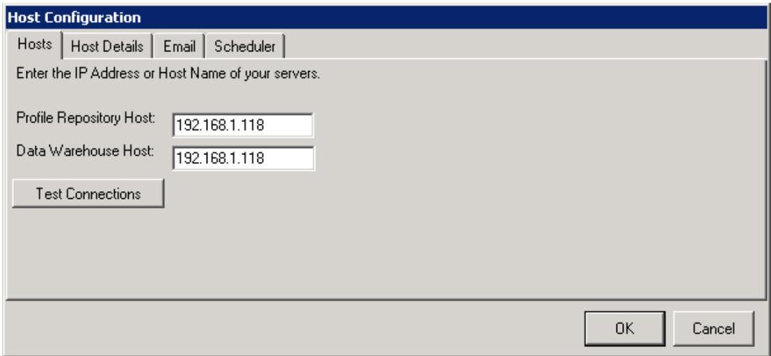 Host Configuration window with tabs: Hosts, Host Details, Email, Scheduler