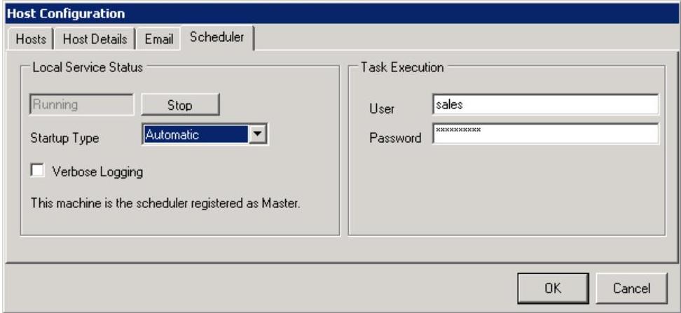 Scheduler tab now showing "Running", Startup Type "Automatic", and "This machine is the scheduler registered as Master"