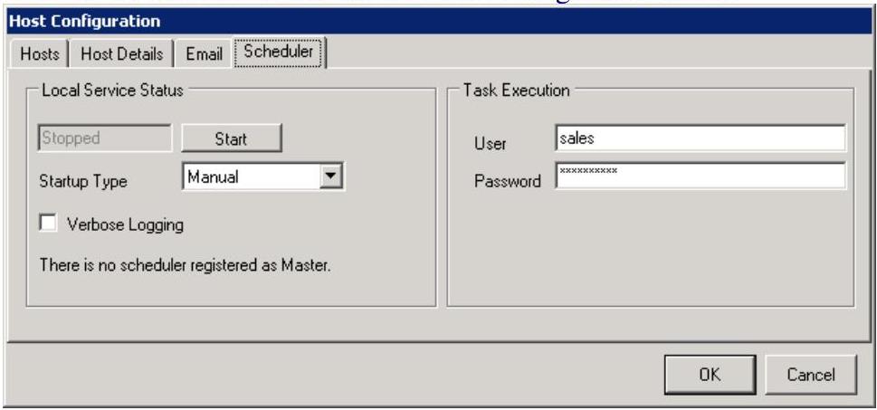 Scheduler tab showing service Stopped, Startup Type Manual, and "There is no scheduler registered as Master"