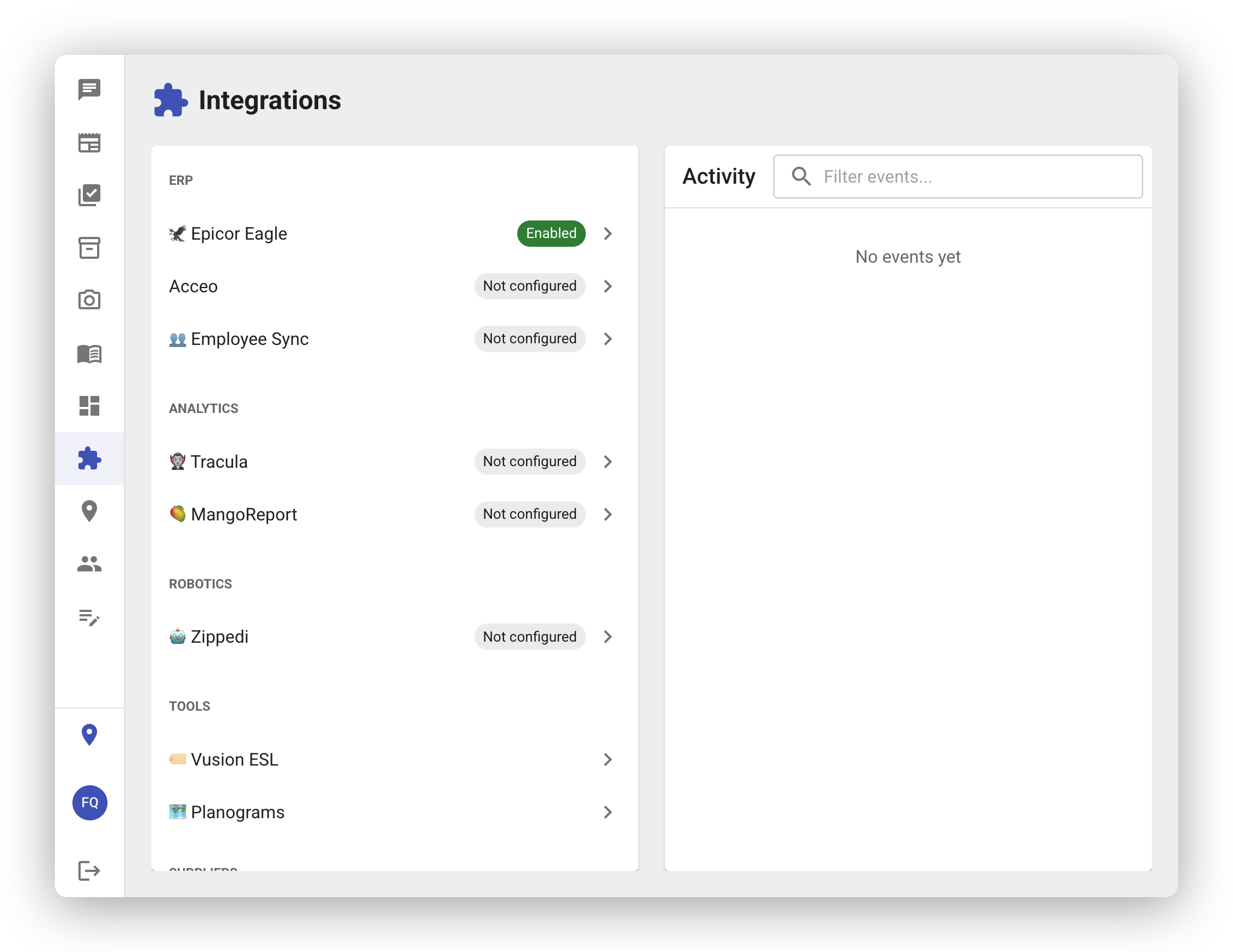 Integrations settings page