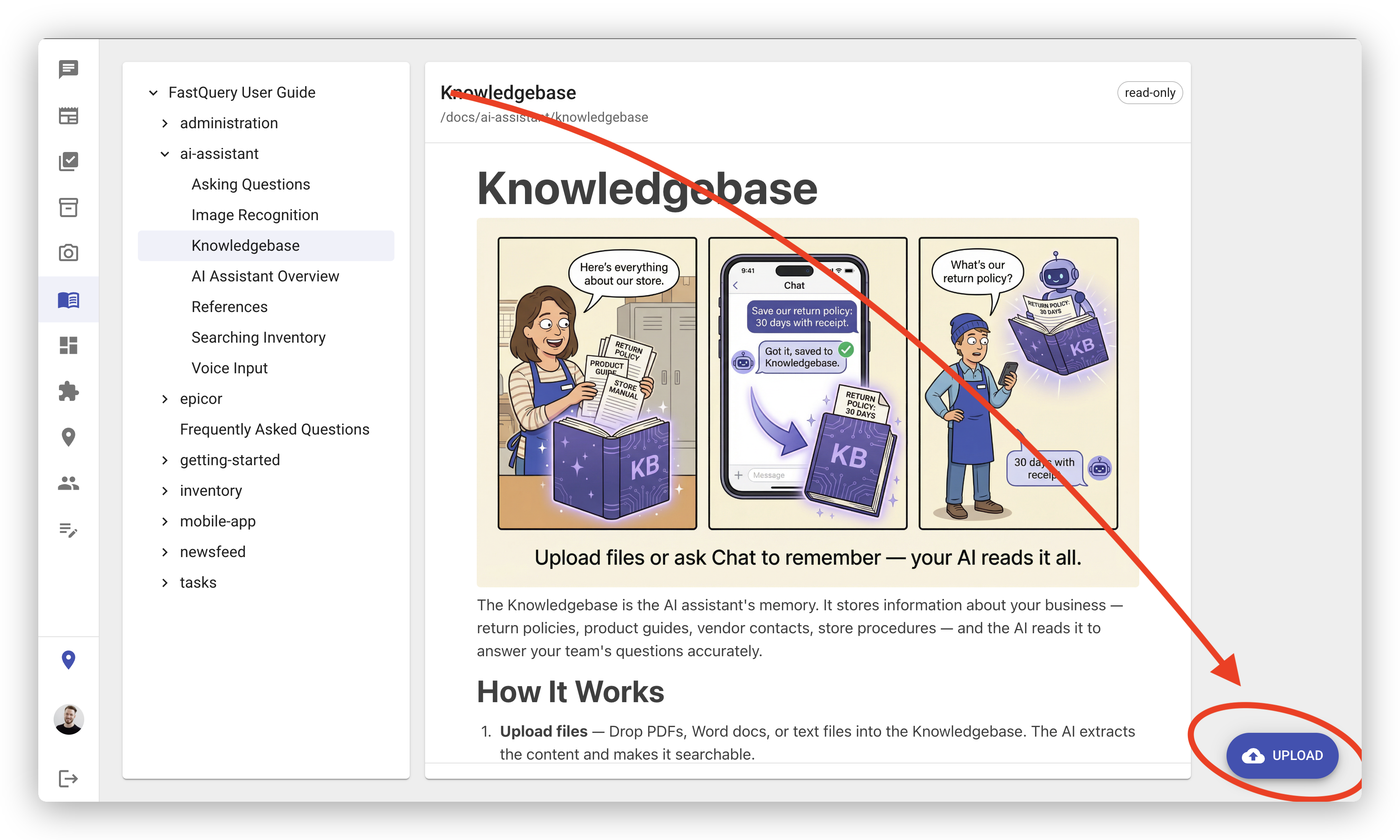 Knowledgebase page with the document tree on the left and content on the right. A red arrow points to the Upload button in the bottom-right corner.