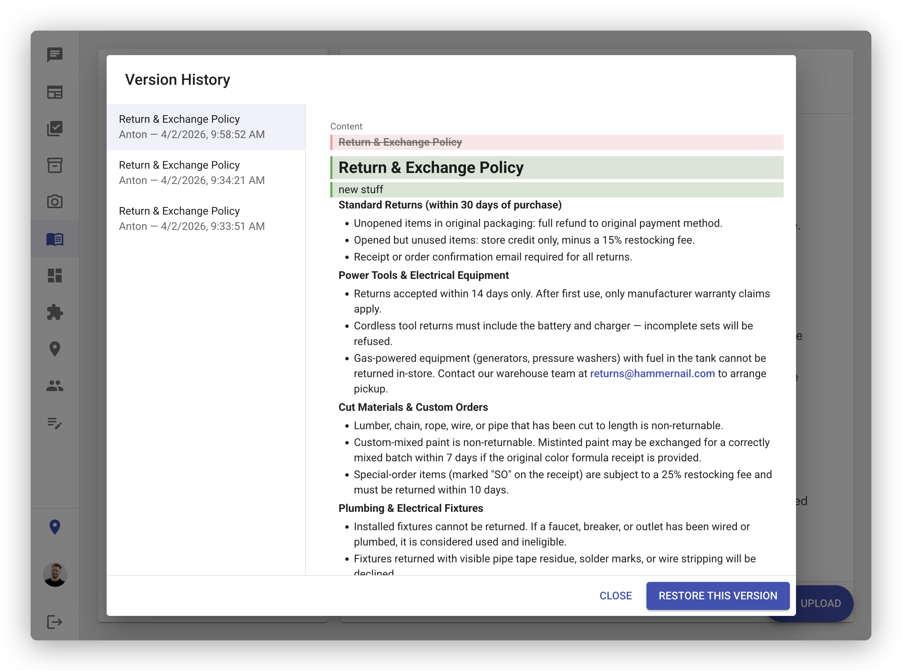 Version History dialog showing a list of past versions on the left and a content diff on the right. Green-highlighted lines show content that would be restored, red-highlighted lines show content that would be removed.