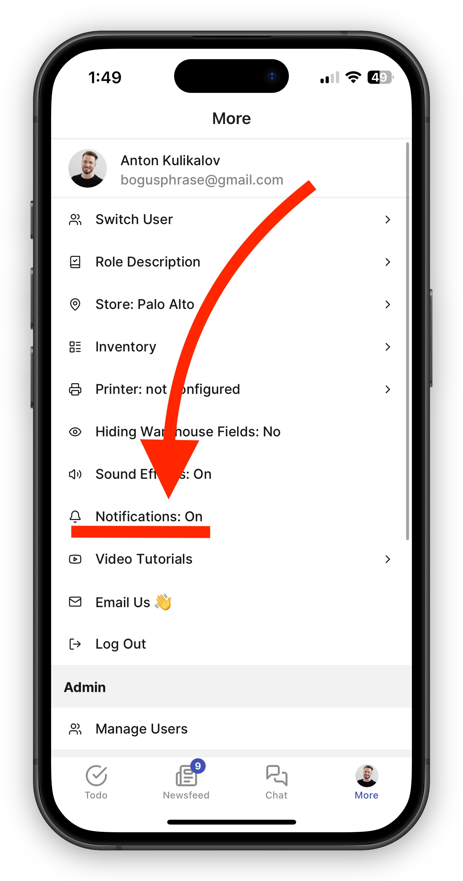 Phone screen of the FastQuery "More" settings list with a red arrow pointing to the "Notifications: On" row, which switches between On and Muted when tapped. Nearby rows include Switch User, Role Description, Store, Inventory, and "Sound Effects: On."