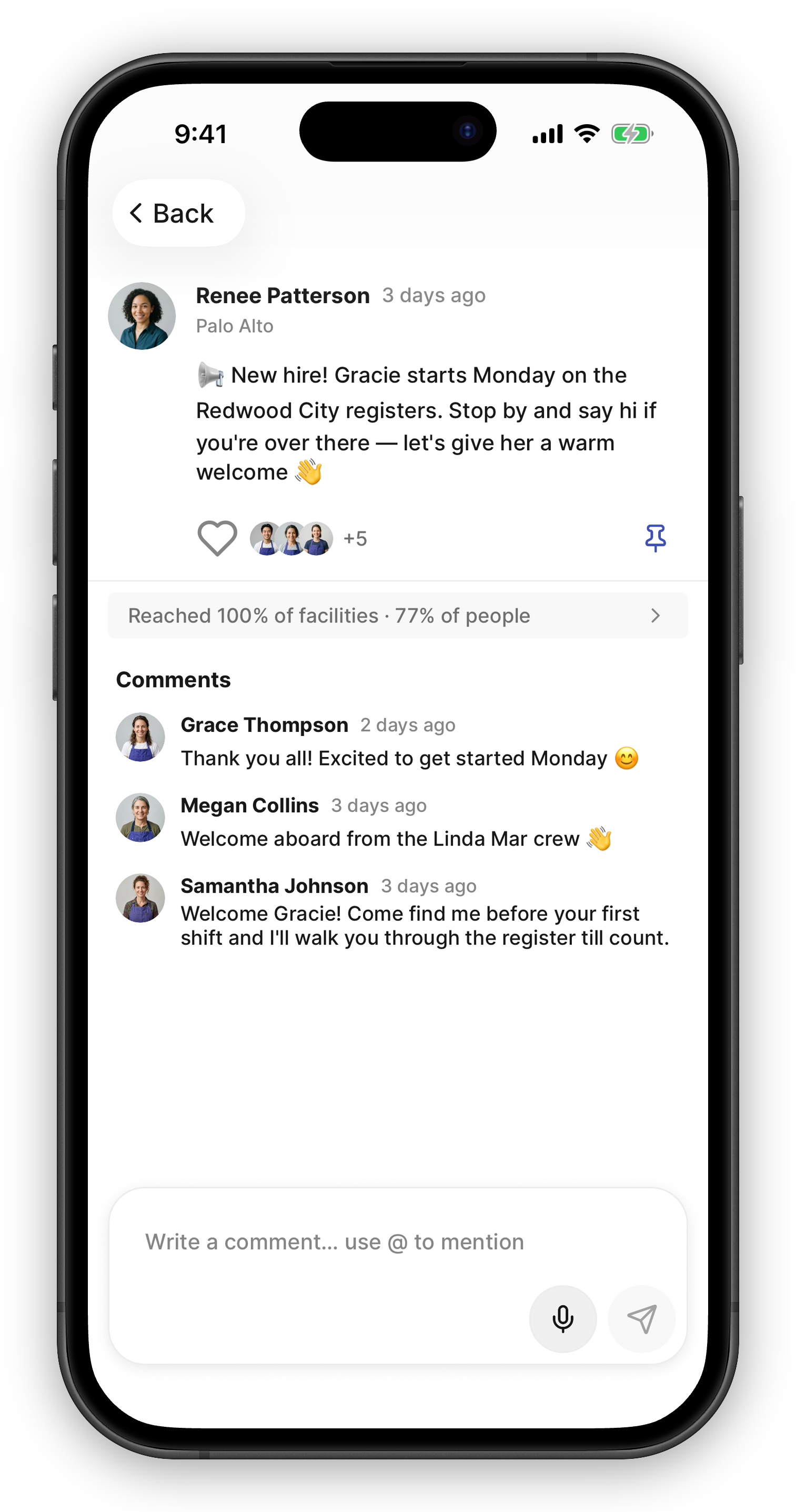 Post screen on mobile showing a comment thread below the post and a floating composer card at the bottom with a text field, microphone button, and send button