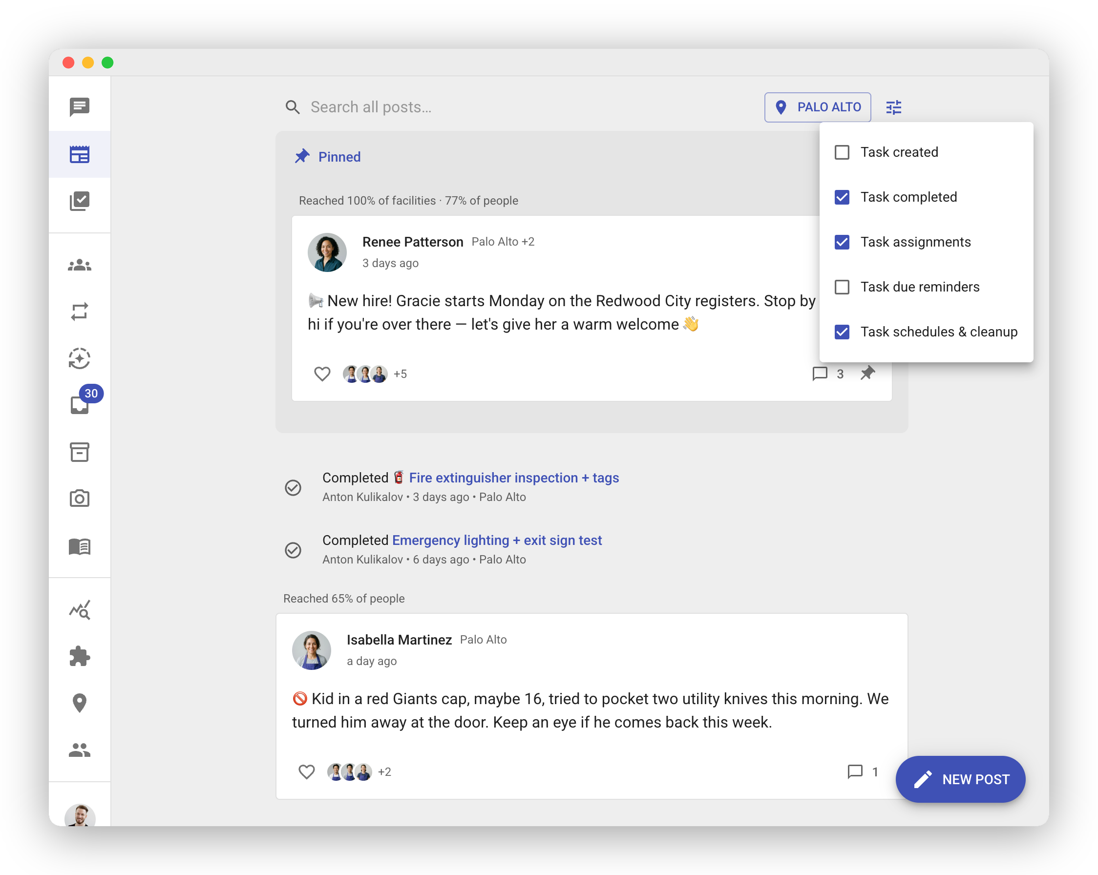 Newsfeed with the filter menu open over the feed, showing five categories: Task completed, Task assignments, and Task schedules & cleanup checked; Task created and Task due reminders unchecked. The feed behind shows a pinned post, task-completion system events, and reach rows.