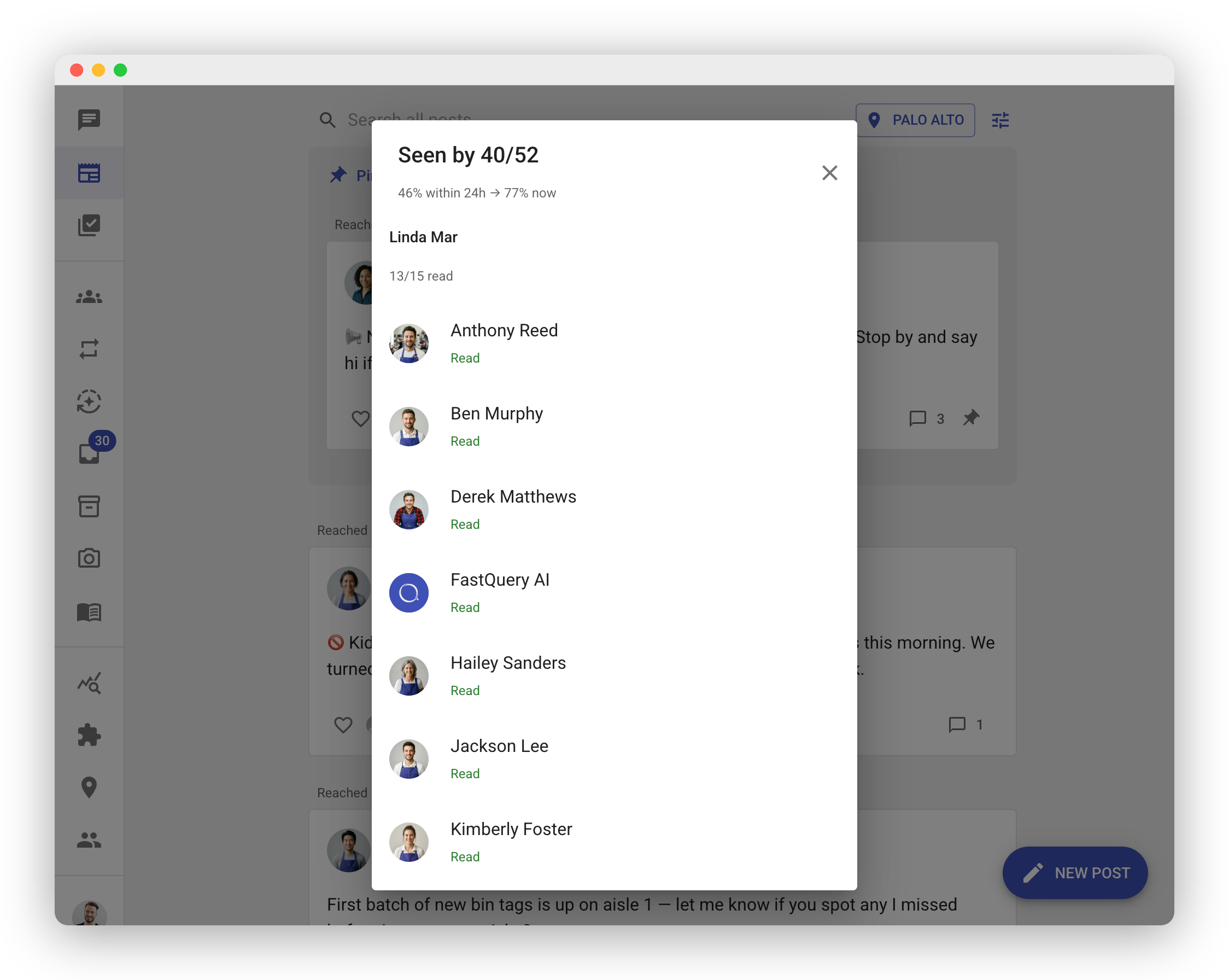 Readers panel dialog titled "Seen by 40/52" with a subtitle reading "46% within 24h → 77% now", listing readers grouped by store with per-store read counts and a green "Read" or gray "Not read" label under each person