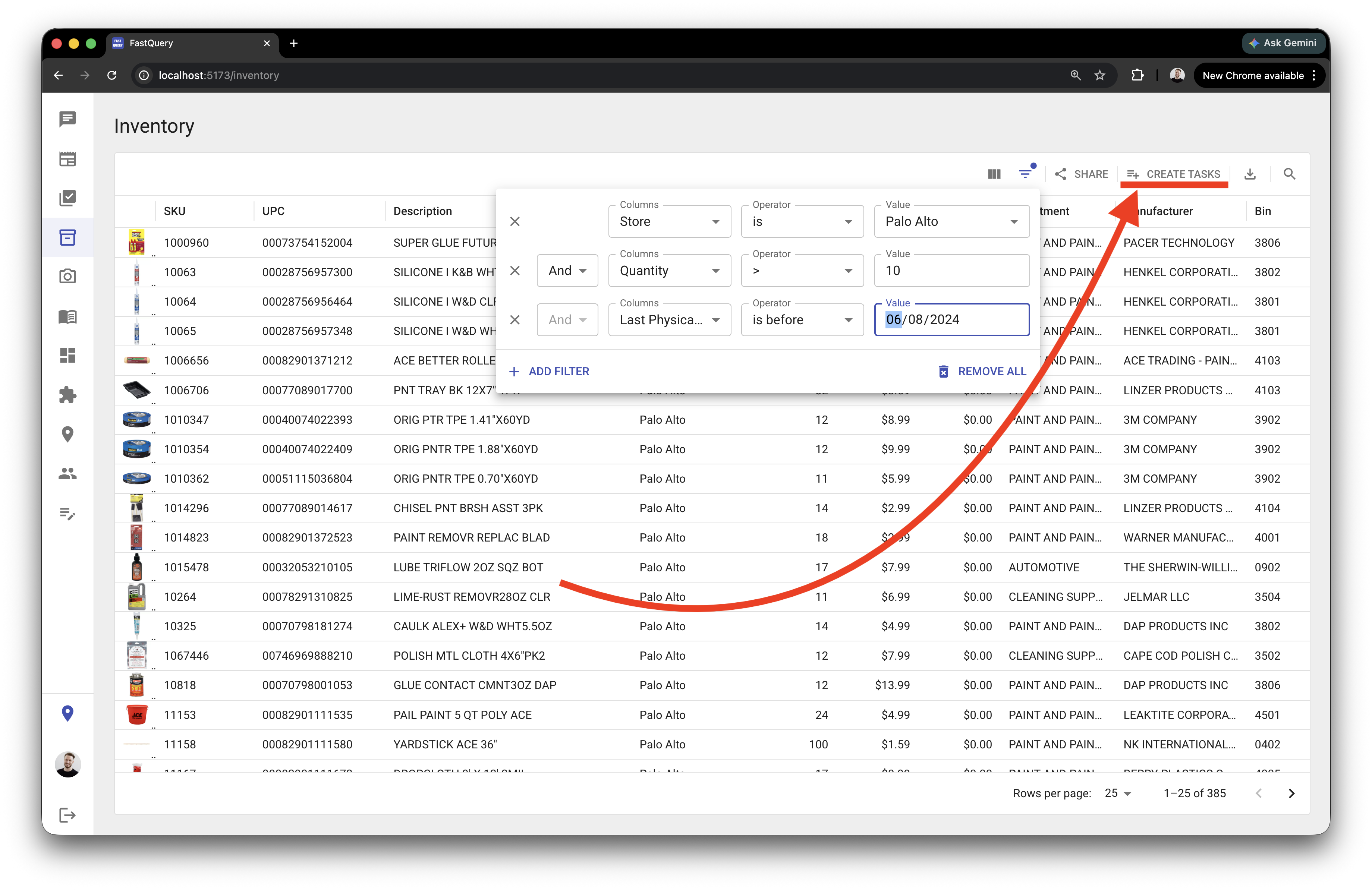Filtered inventory grid with the Create Tasks button in the toolbar