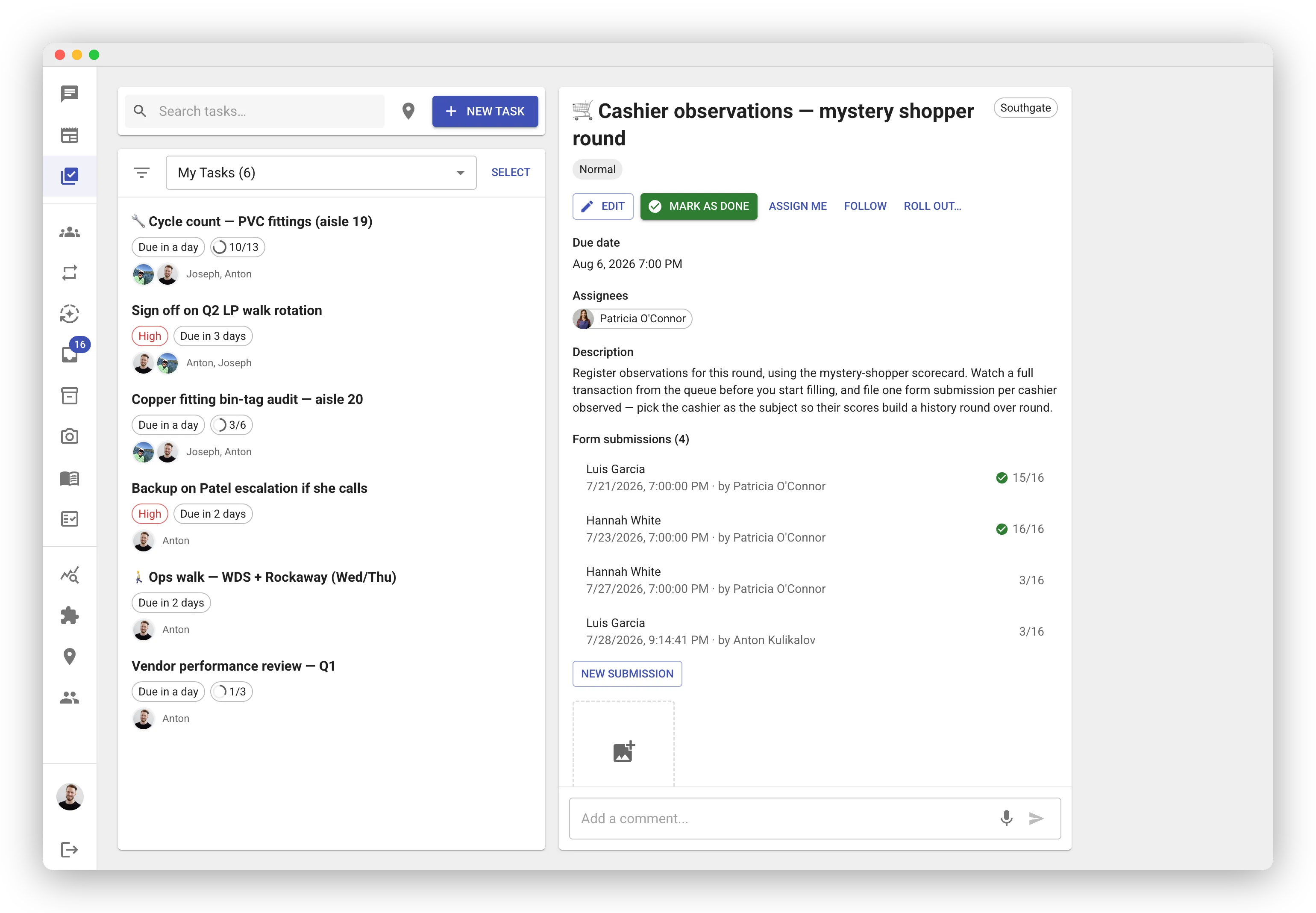 Web task detail for "🛒 Cashier observations — mystery shopper round" at the Southgate location, showing due date, assignee and description, then a "Form submissions (4)" section. Each row lists the subject, the date, and who filled it: "Luis Garcia · by Patricia O'Connor" with a green check and 15/16, "Hannah White · by Patricia O'Connor" with a green check and 16/16, then two drafts with no check mark — "Hannah White · by Patricia O'Connor" at 3/16 and "Luis Garcia · by Anton Kulikalov" at 3/16. A NEW SUBMISSION button sits below the list.