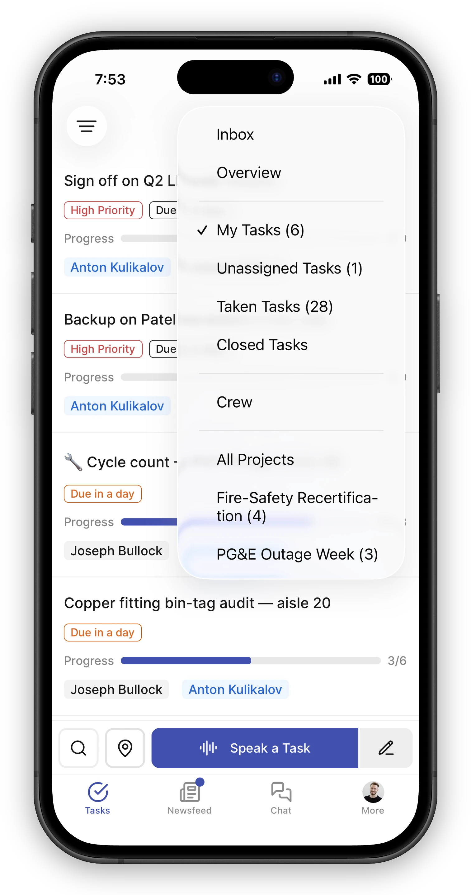 Tasks screen with the header menu open. The menu shows Inbox and Overview on top, then the task lists — My Tasks (checked), Unassigned Tasks, Taken Tasks, Closed Tasks — then Crew, then a projects section with All Projects and two named projects with task counts. Behind the menu, the task list shows cards with priority chips, due dates, progress bars, and assignees.