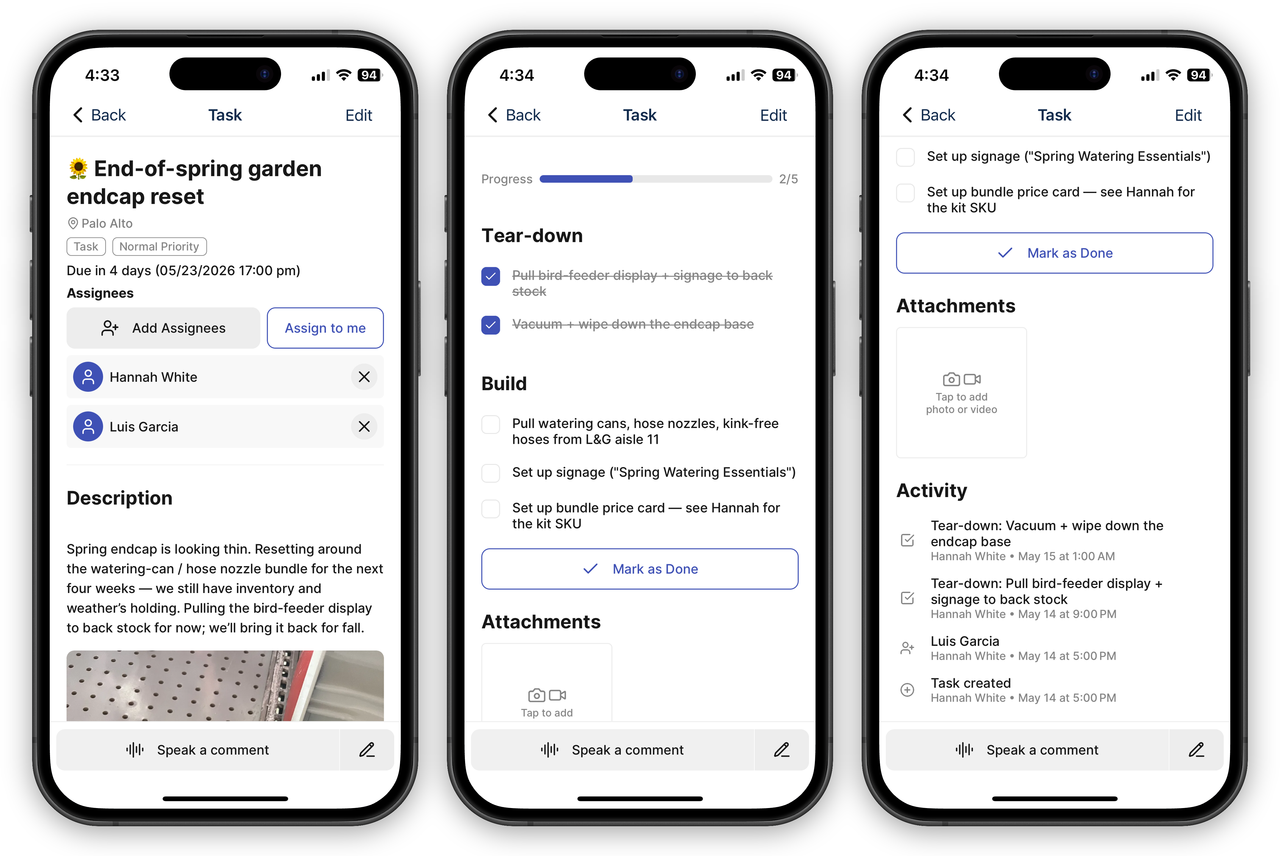 Task detail — assignees and description, progress and checklists, attachments and activity log