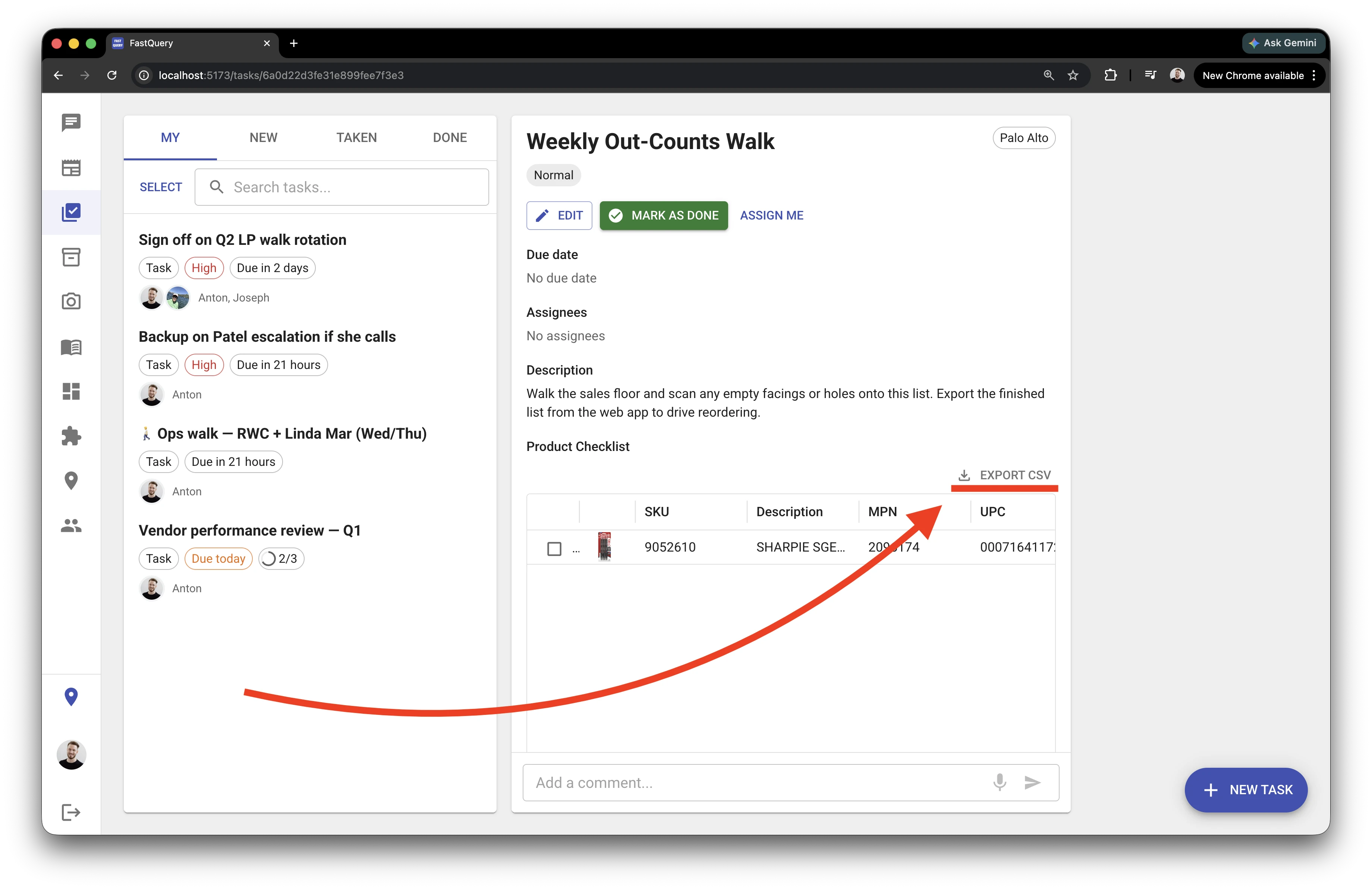 Out-counts task in the web app with the Export CSV button