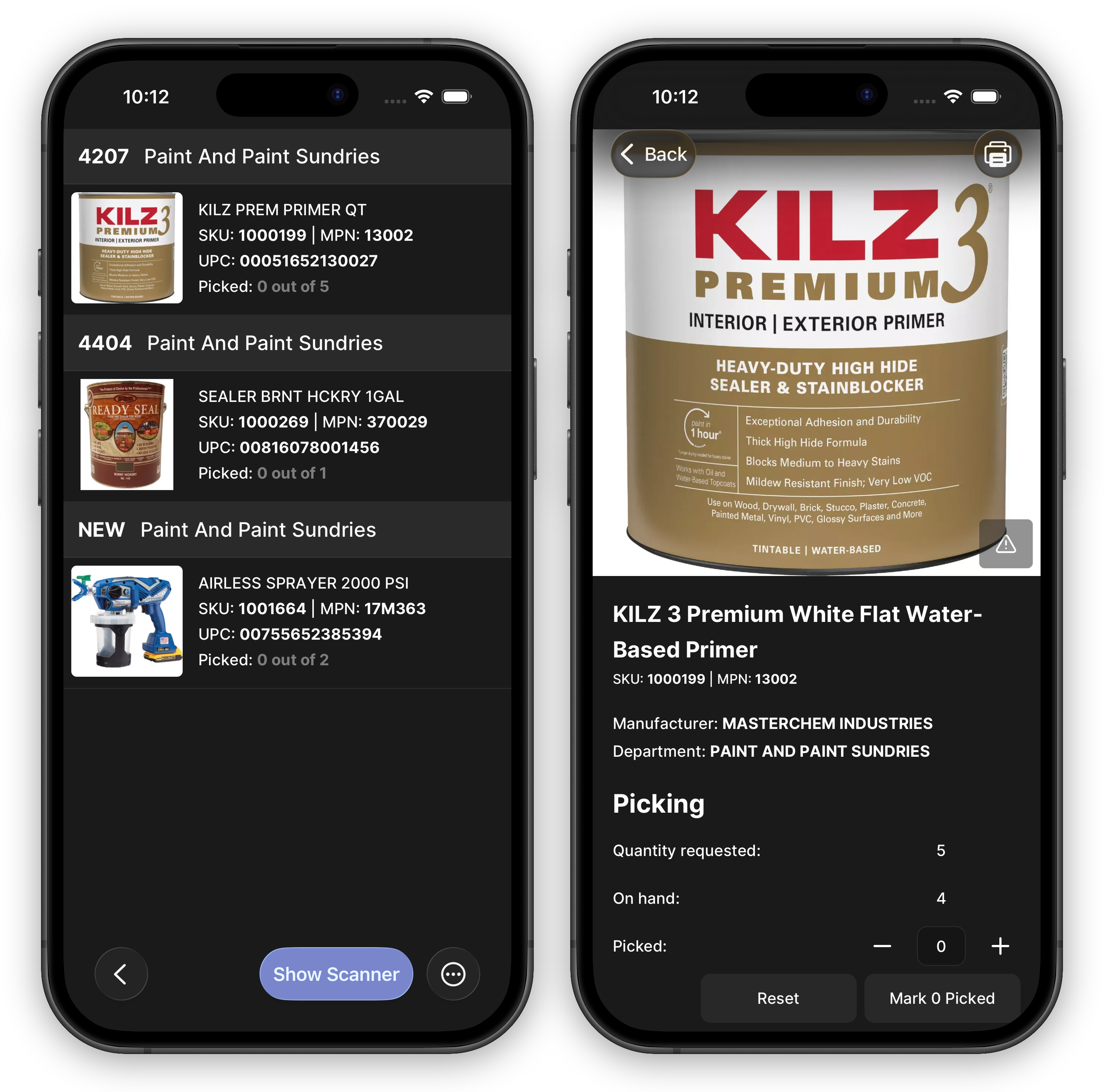 Two phone screens of a picking task. The first shows the pick list grouped by bin sections — each product with photo, SKU, MPN, UPC, and a "Picked: X out of Y" line, with a Show Scanner button at the bottom. The second shows one product's picking screen with its photo, quantity requested, on-hand quantity, a picked stepper with plus and minus buttons, and Reset and Mark 0 Picked buttons.