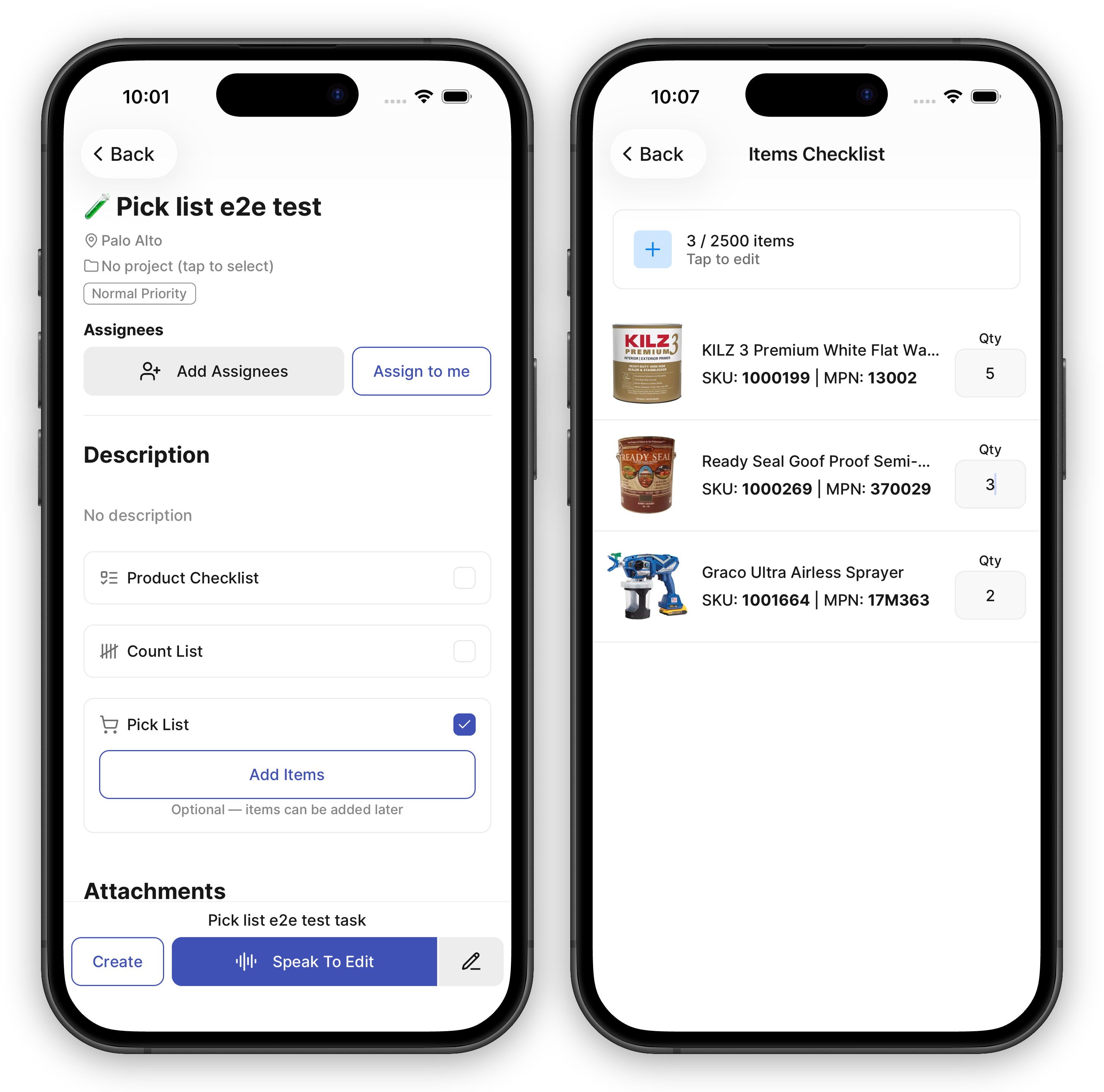 Two phone screens of creating a picking task. The first shows the task create form with a Pick List card toggled on and an Add Items button reading "Optional — items can be added later," below Product Checklist and Count List cards. The second shows the items editor with three products, each with a photo, SKU, and MPN, and an editable Qty field on the right showing quantities 5, 3, and 2.