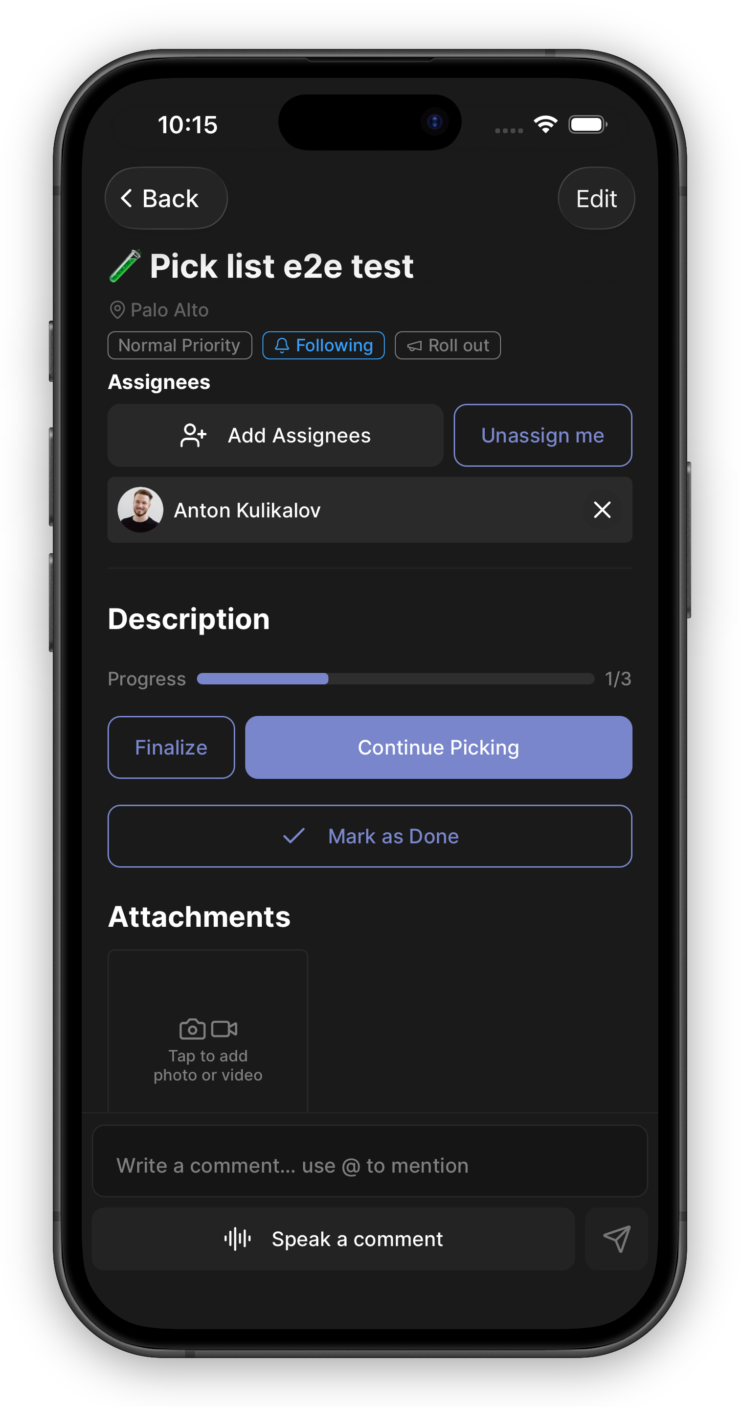 Phone screen of a picking task's detail view showing a progress bar reading 1/3, with Finalize and Continue Picking buttons side by side and a Mark as Done button below.